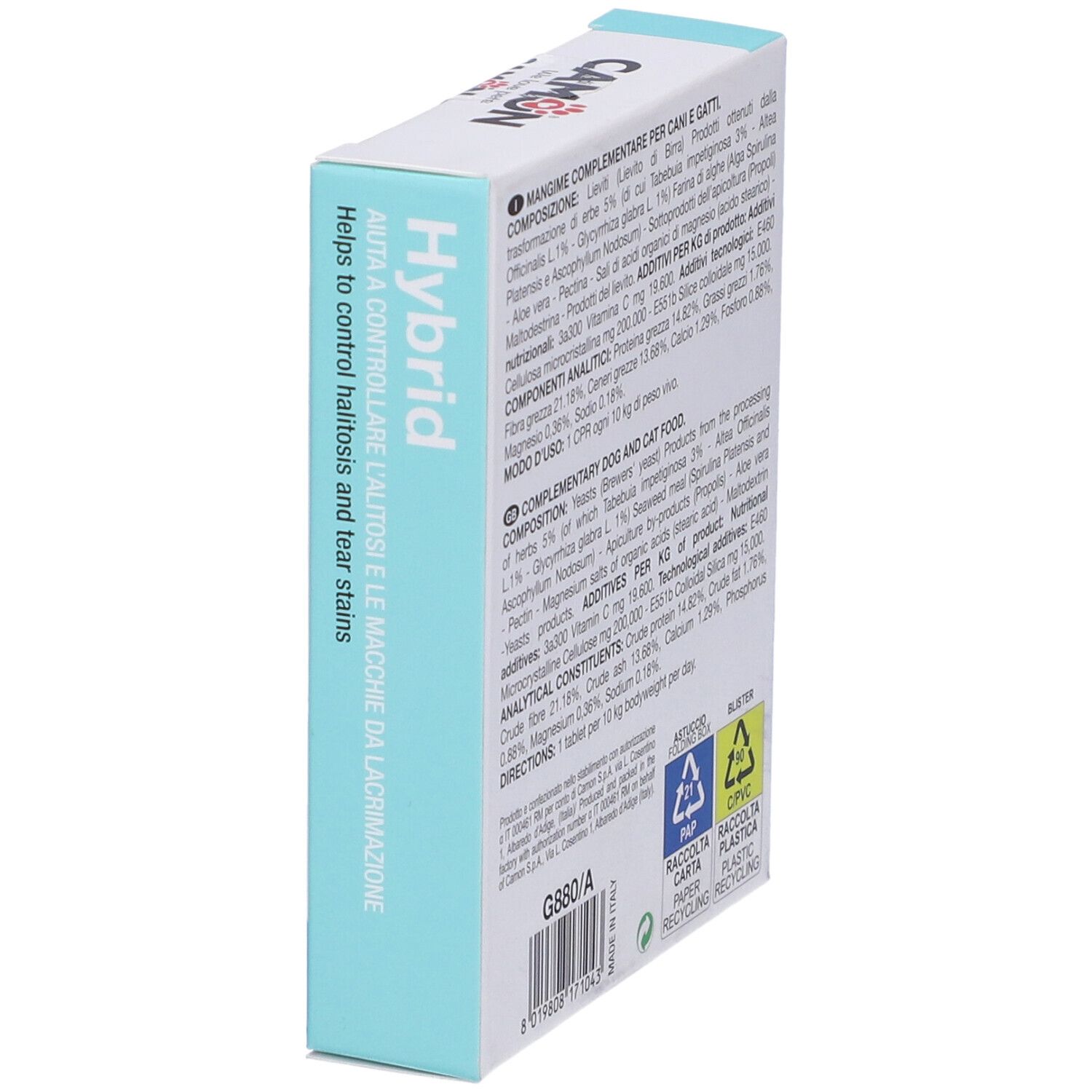 Hybrid-Verpackung, schräg. Text: Ergänzungsfuttermittel für Hunde und Katzen. Inhaltsstoffe und analytische Bestandteile.