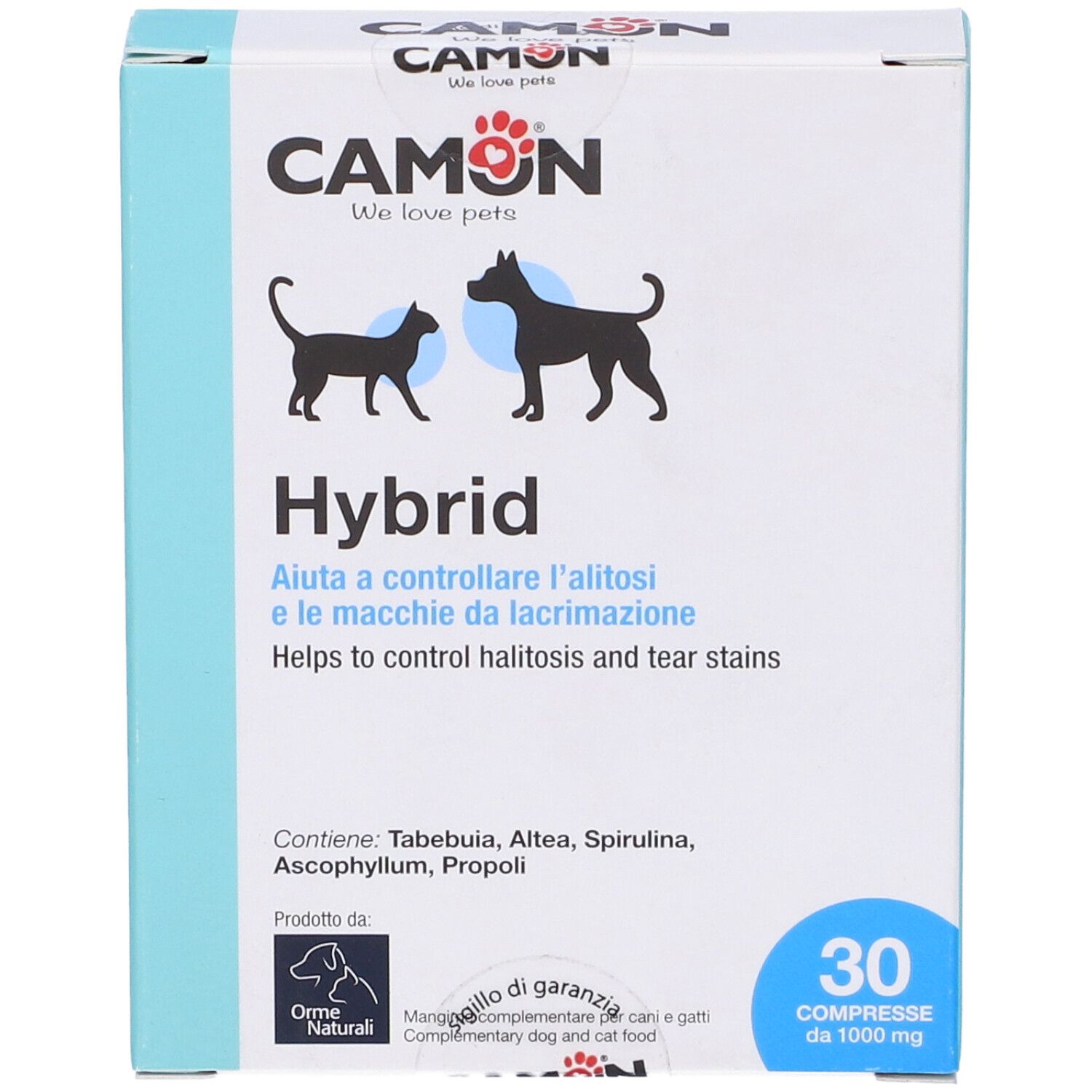 Camon Hybrid-Verpackung. Enthält 30 Tabletten. Hilft bei Mundgeruch und Tränenflecken. Marke Camon.