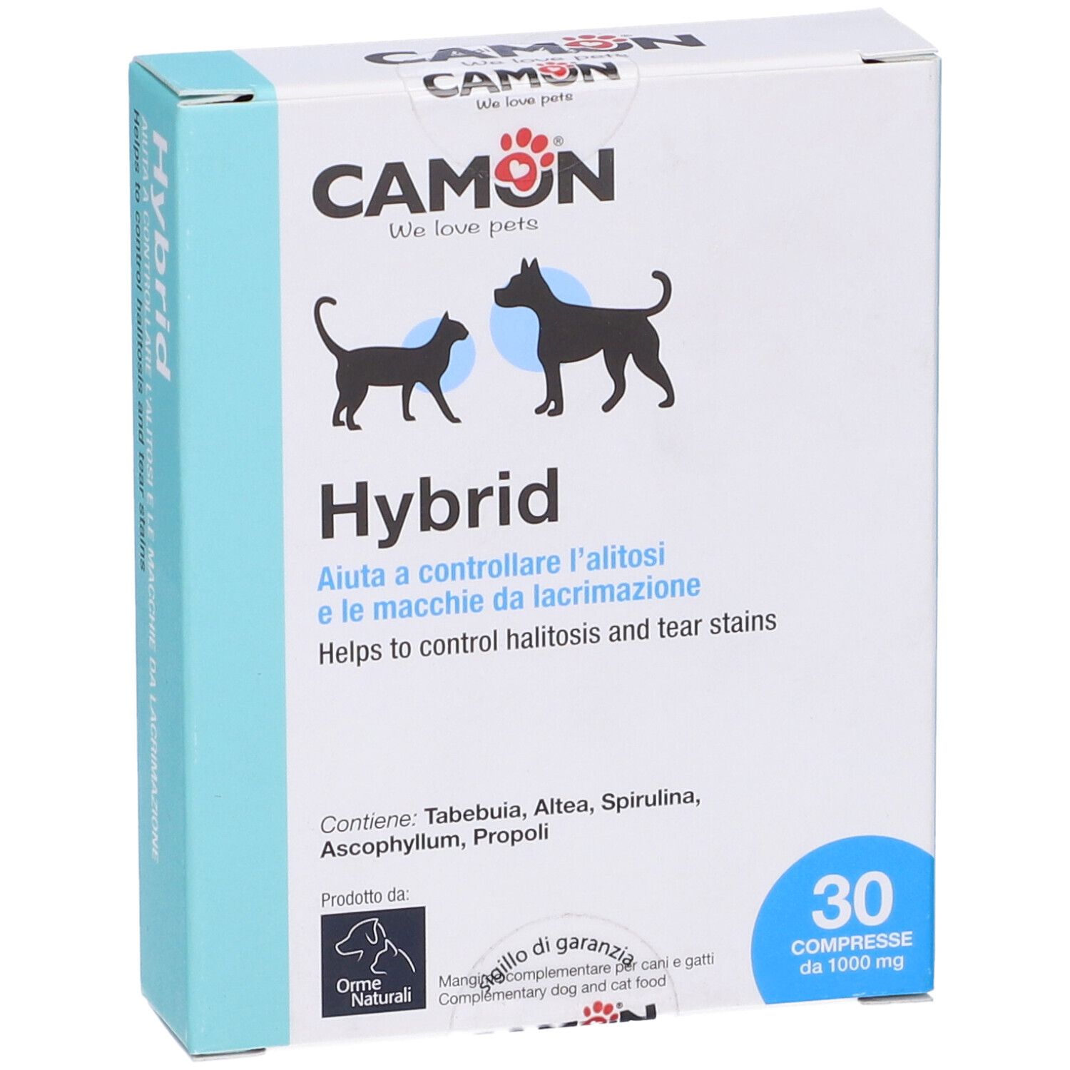 Camon Hybrid-Verpackung. Enthält 30 Tabletten. Hilft bei Mundgeruch und Tränenflecken. Marke Camon.