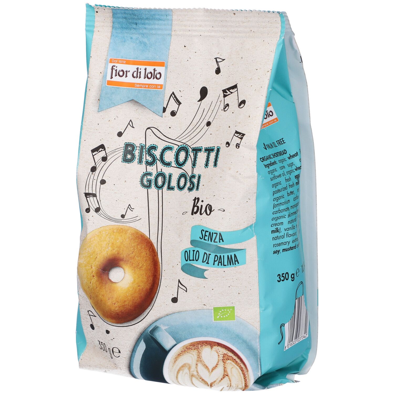 Confezione di biscotti. Scritta: Biscotti Golosi Bio, senza olio di palma. Marchio bio. 350g.