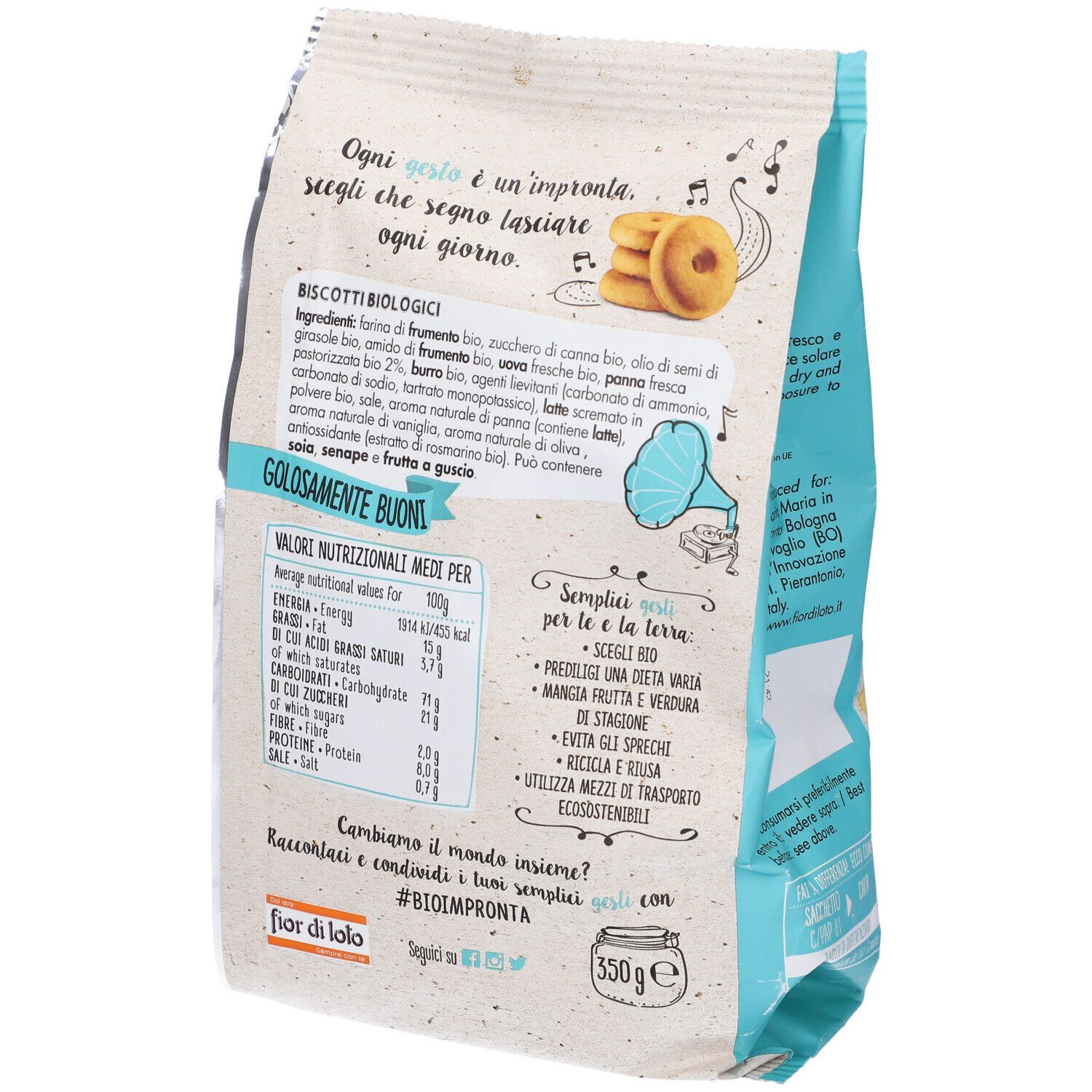 Confezione di biscotti. Scritta: Biscotti Golosi Bio, senza olio di palma. Marchio bio. Retro con testo.