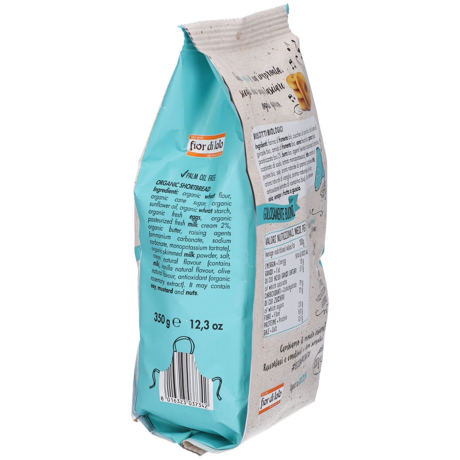 Confezione di biscotti. Scritta: Biscotti Golosi Bio, senza olio di palma. Marchio bio. 350g. Vista laterale.