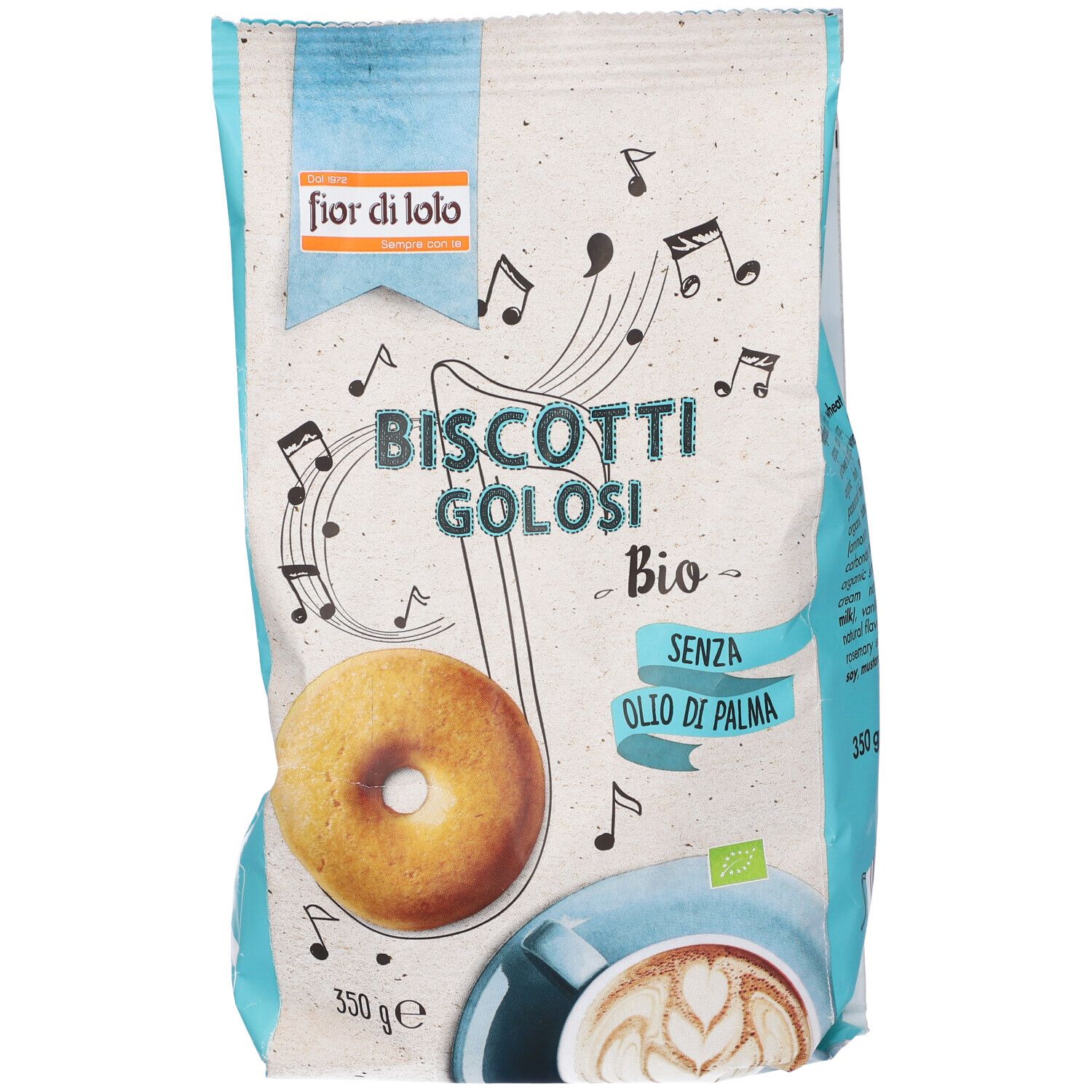 Confezione di biscotti. Scritta: Biscotti Golosi Bio, senza olio di palma. Marchio bio. 350g. Vista laterale.
