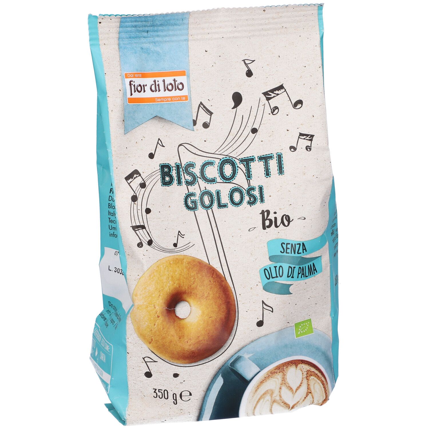 Confezione di biscotti. Scritta: Biscotti Golosi Bio, senza olio di palma. Marchio bio. 350g.