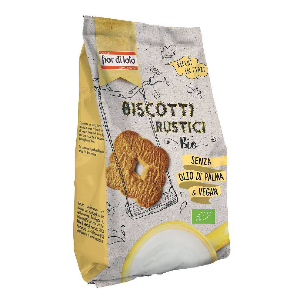 Confezione di "Biscotti Rustici Bio". Scritta: "Senza olio di palma & vegan". Logo bio.