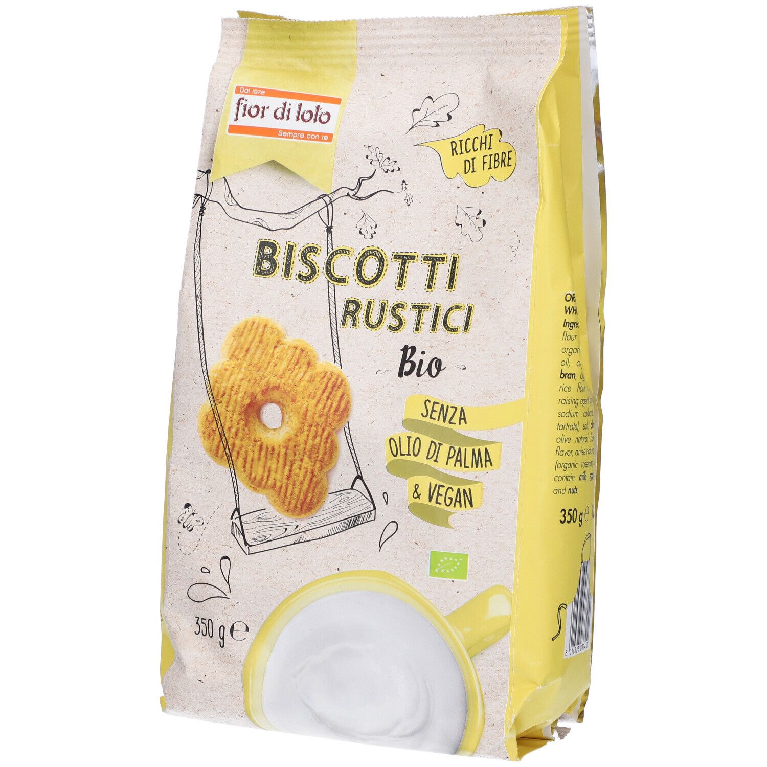 Confezione "Biscotti Rustici Bio". Scritta: "Senza olio di palma & vegan". 350g. Logo bio.