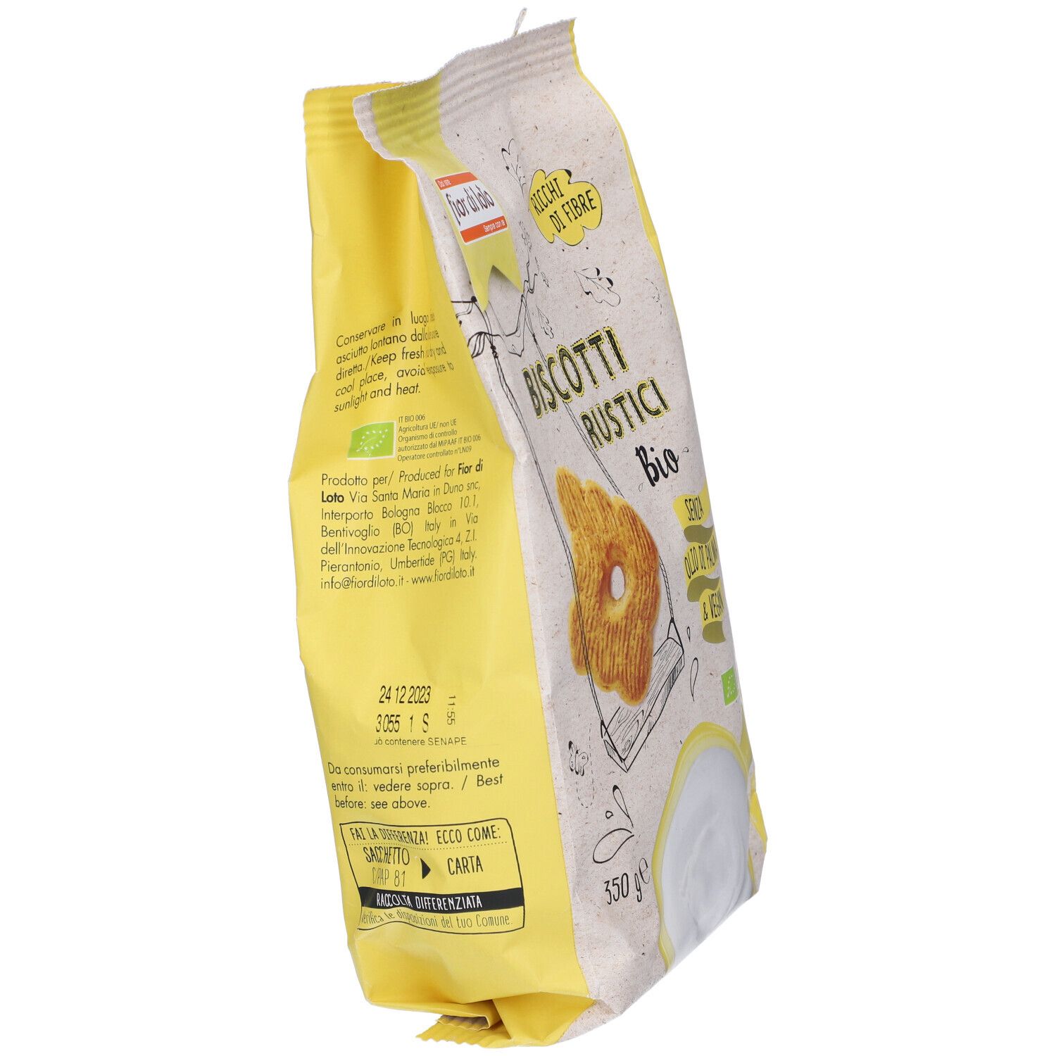 Confezione "Biscotti Rustici Bio", vista laterale. Scritta: "Senza olio di palma & vegan". Logo bio.