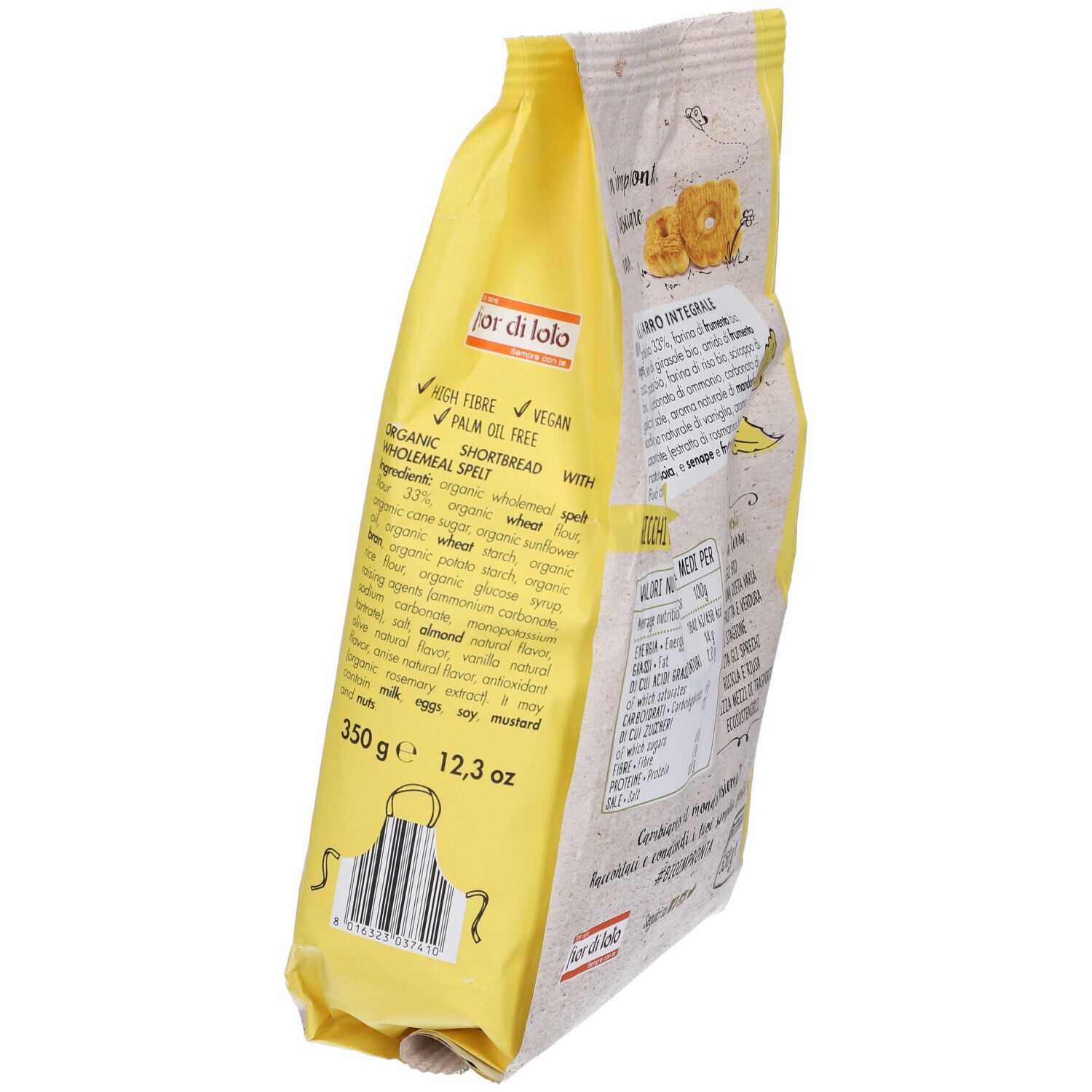 Confezione "Biscotti Rustici Bio", vista laterale. Scritta: "Senza olio di palma & vegan". 350g.