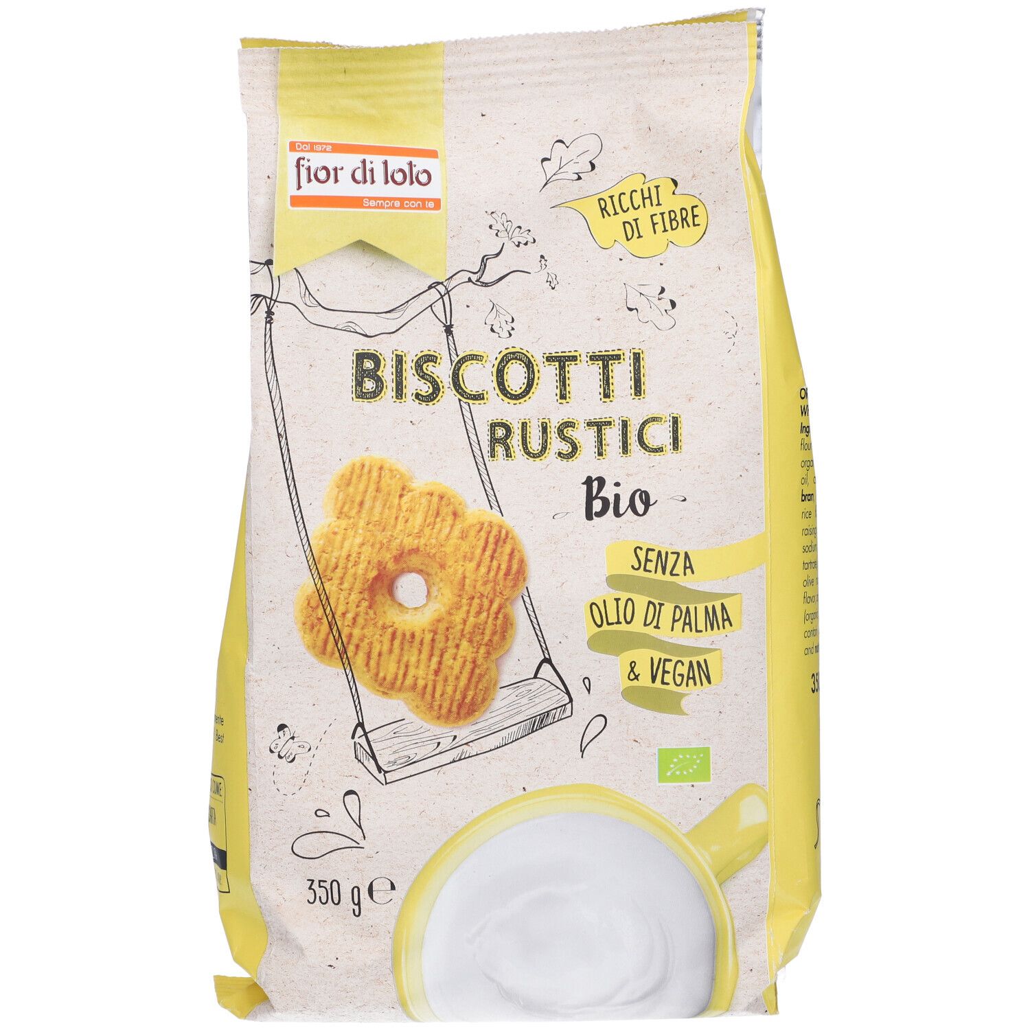 Confezione di "Biscotti Rustici Bio". Scritta: "Senza olio di palma & vegan". 350g. Logo bio.