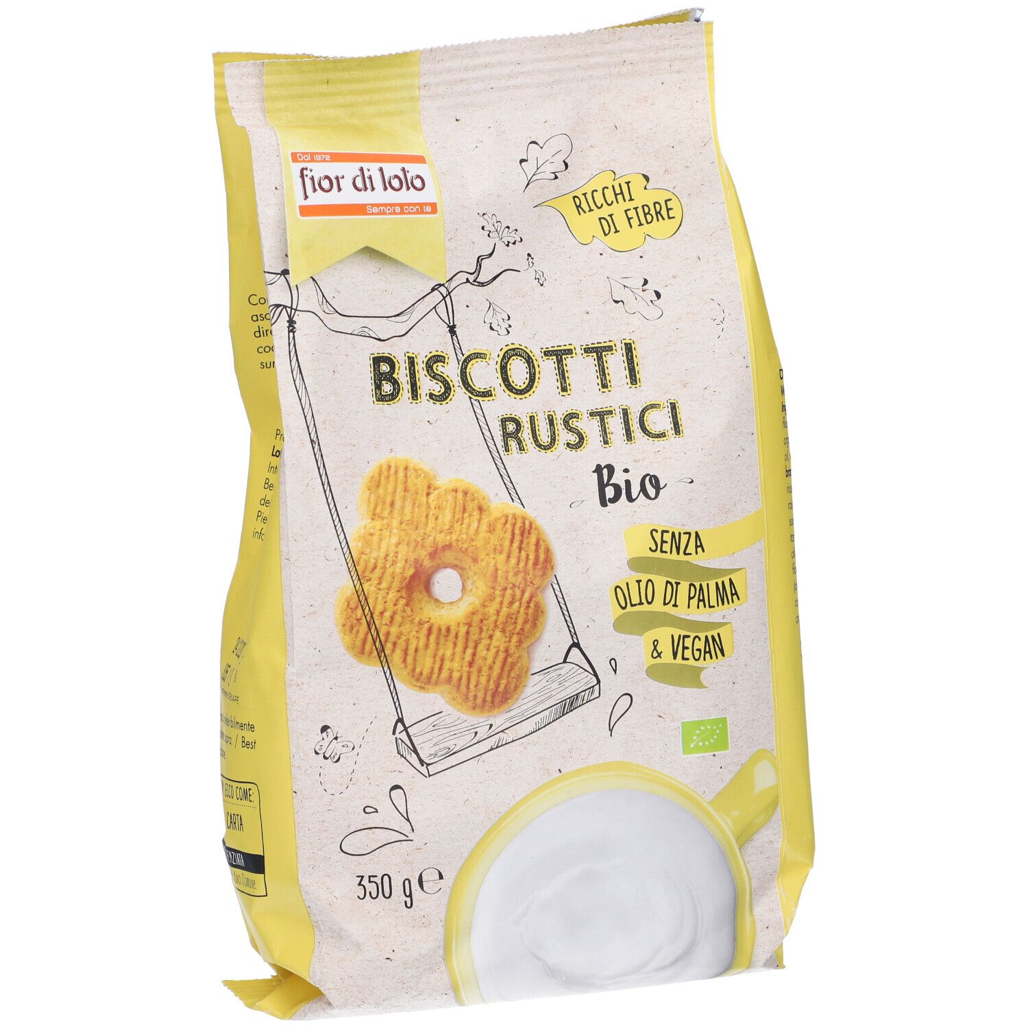 Confezione di "Biscotti Rustici Bio". Scritta: "Senza olio di palma & vegan". 350g. Logo bio.