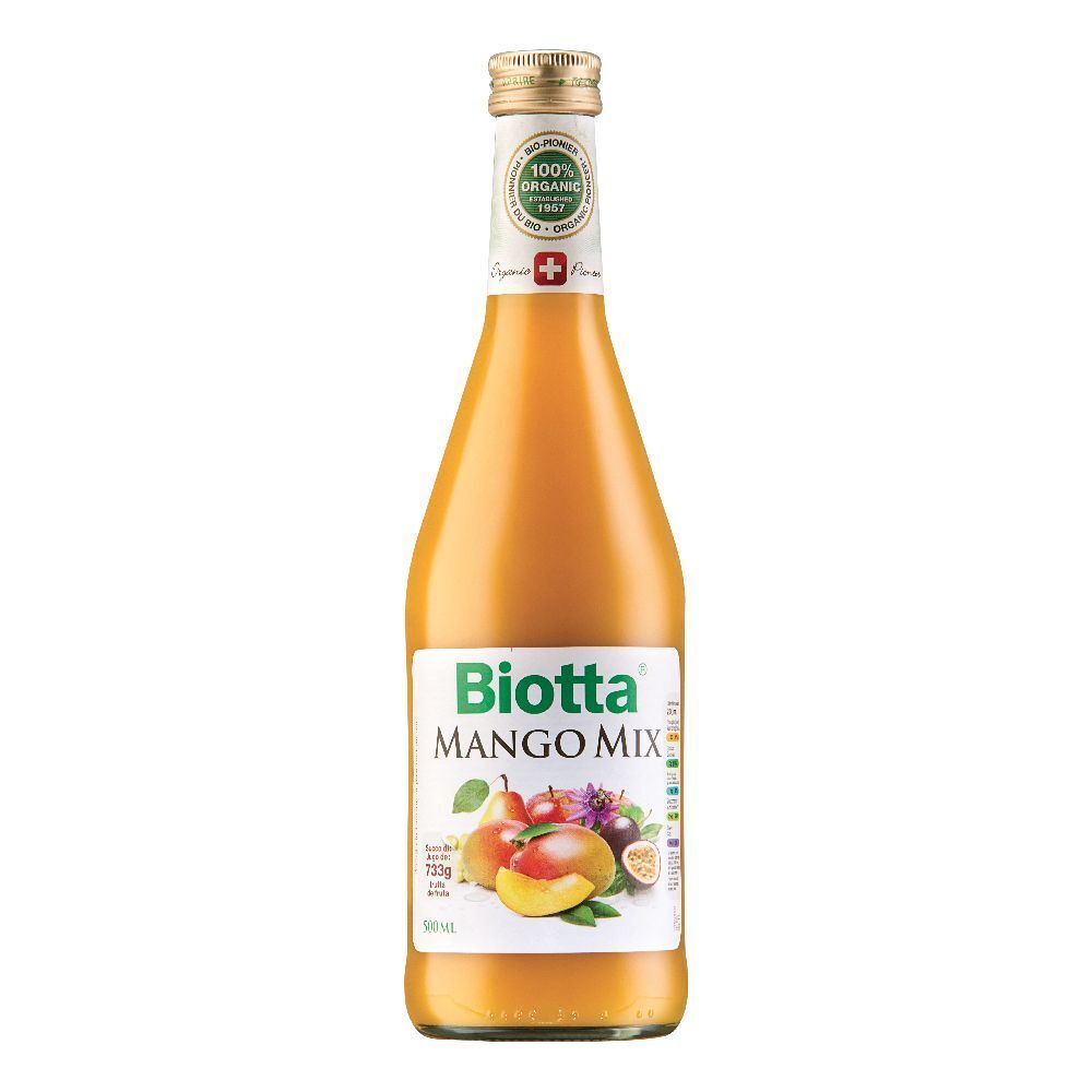 Bottiglia di succo Biotta Mango Mix. Liquido giallo, etichetta con immagine di mango e testo. Sigillo biologico.