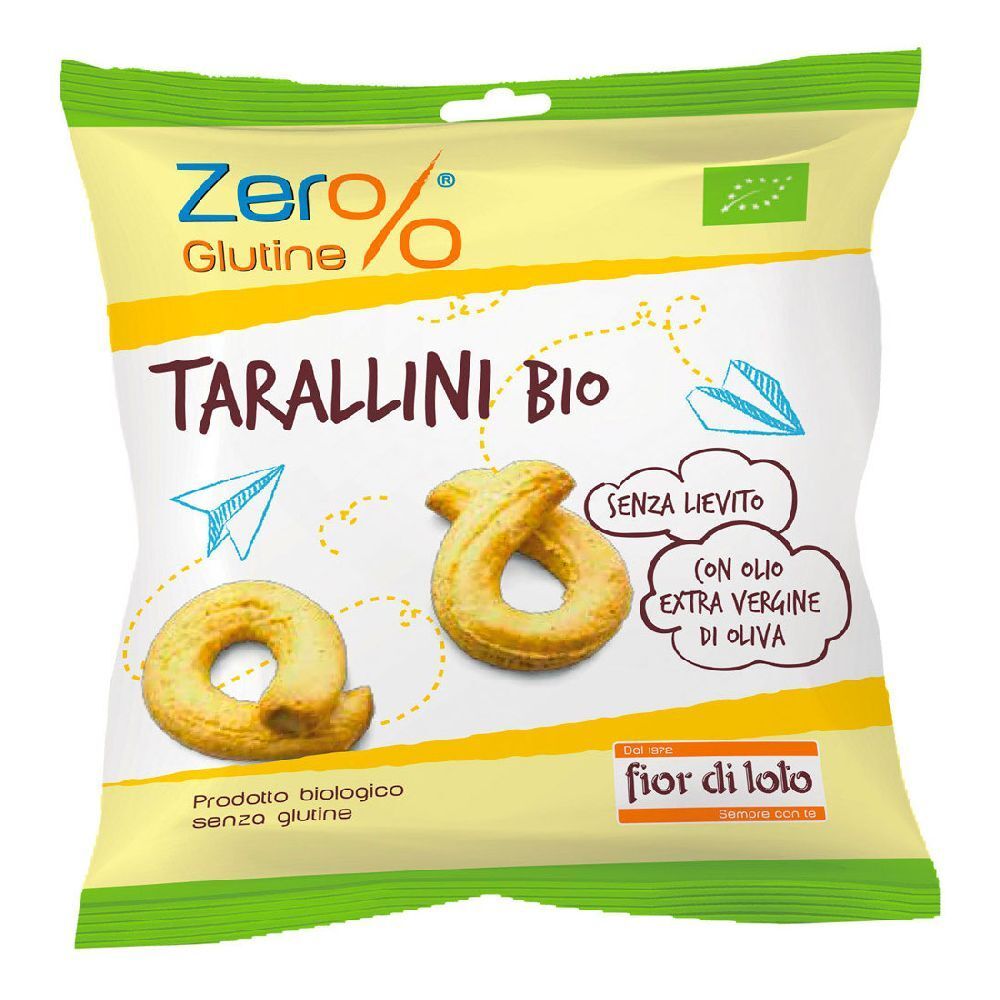 Confezione di Tarallini Bio. Scritte: Zero Glutine, Tarallini Bio, Senza lievito, con olio d'oliva. Certificazione bio.