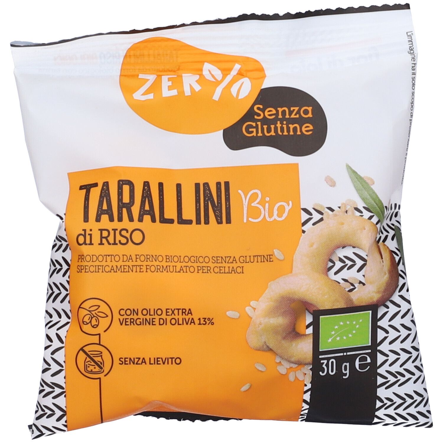 Confezione di Tarallini di Riso. Scritte: Zero Glutine, Tarallini di Riso Bio, con olio d'oliva. 30g. Certificazione bio.