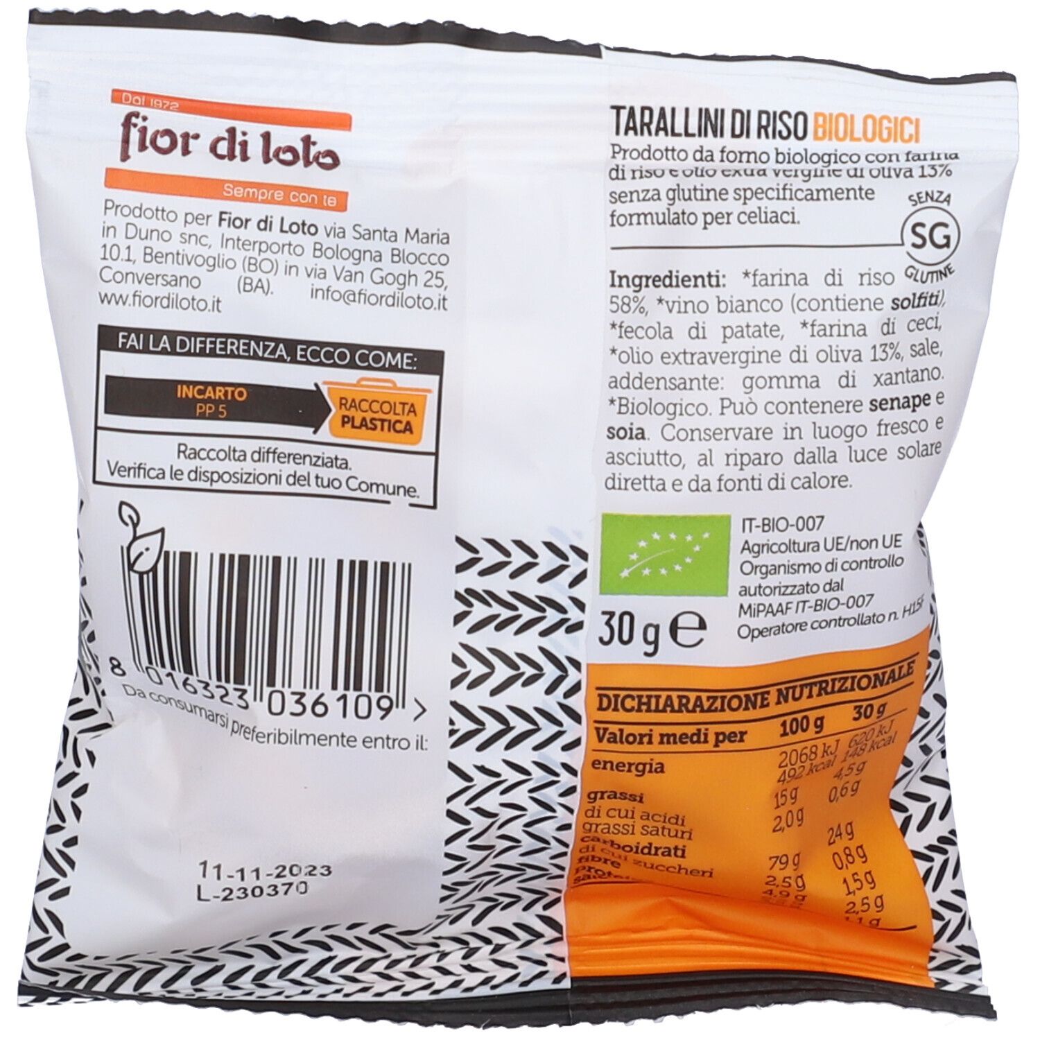 Retro confezione Tarallini di Riso. Testo: ingredienti, valori nutrizionali, certificazione bio, 30g. Data di scadenza.