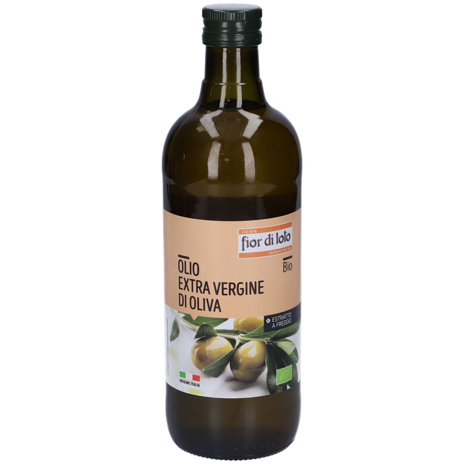 Bottiglia di vetro verde con etichetta. Scritta: Olio Extra Vergine di Oliva BIO. Illustrazione di olive e foglie.
