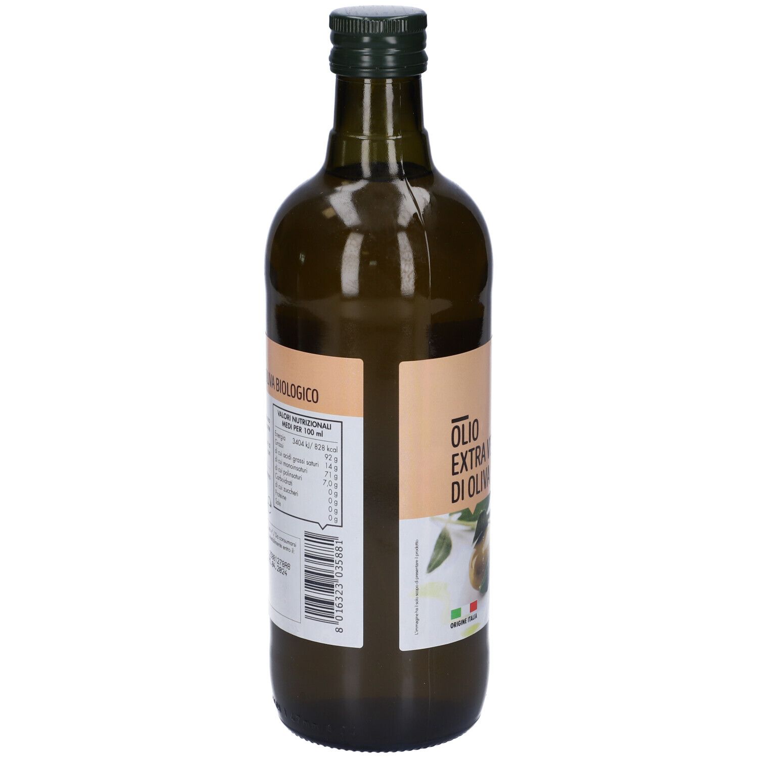 Retro di una bottiglia di vetro verde. Etichetta con informazioni nutrizionali e codice a barre. Scritta: Olio Extra Vergine di Oliva.