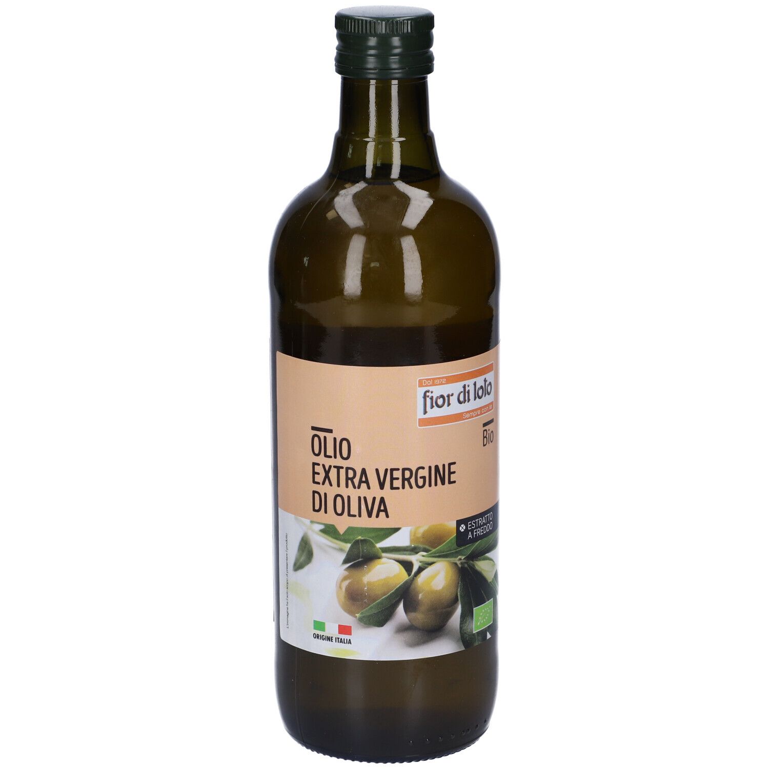 Bottiglia di vetro verde con etichetta. Scritta: Olio Extra Vergine di Oliva BIO. Illustrazione di olive e foglie.