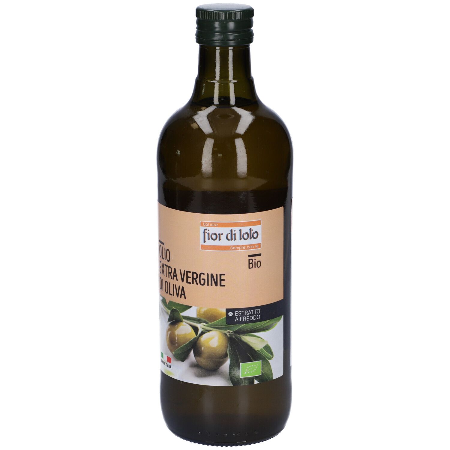 Bottiglia di vetro verde con etichetta. Scritta: Olio Extra Vergine di Oliva BIO. Illustrazione di olive e foglie.