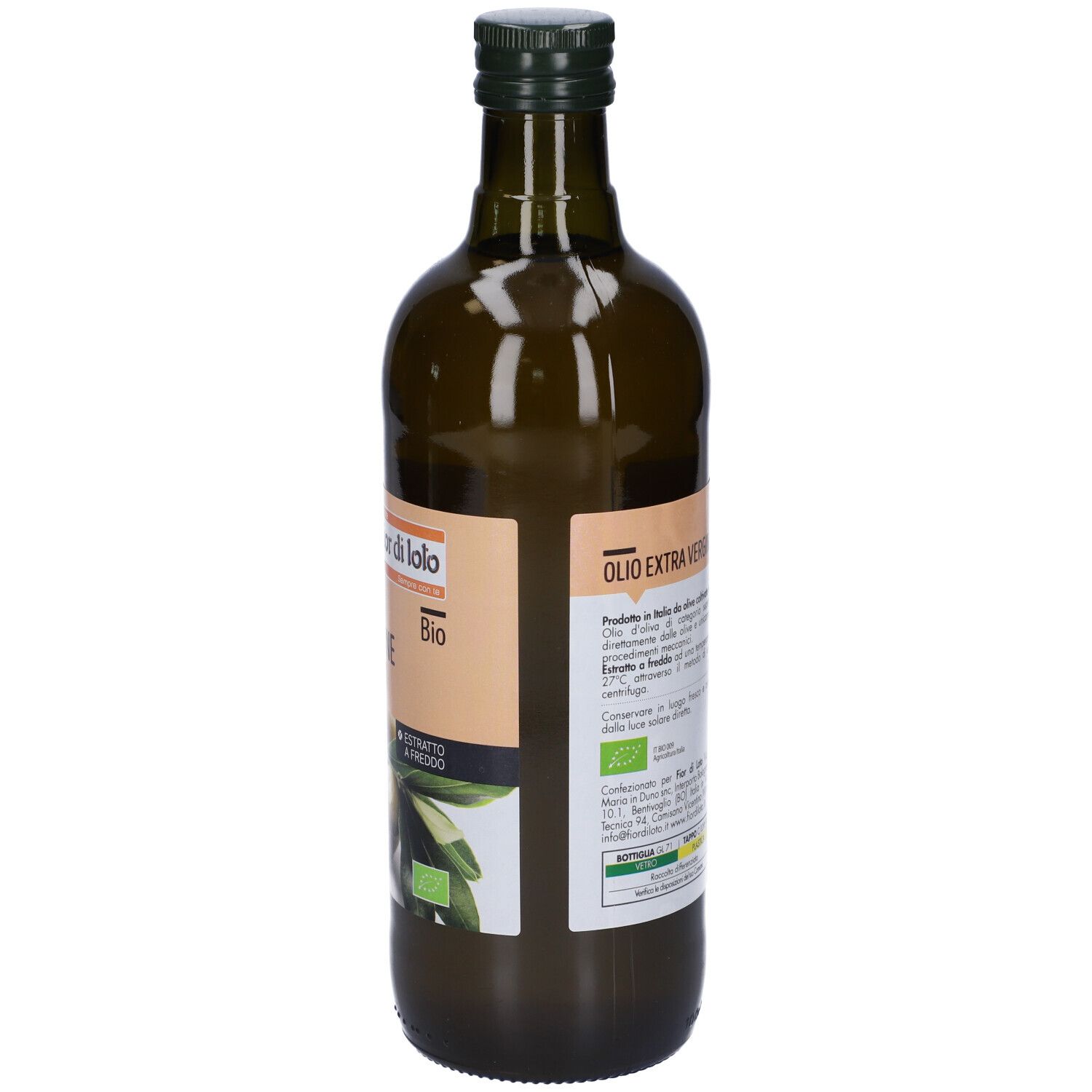 Retro di una bottiglia di vetro verde. Etichetta con testo. Scritta: Olio Extra Vergine di Oliva Biologico.