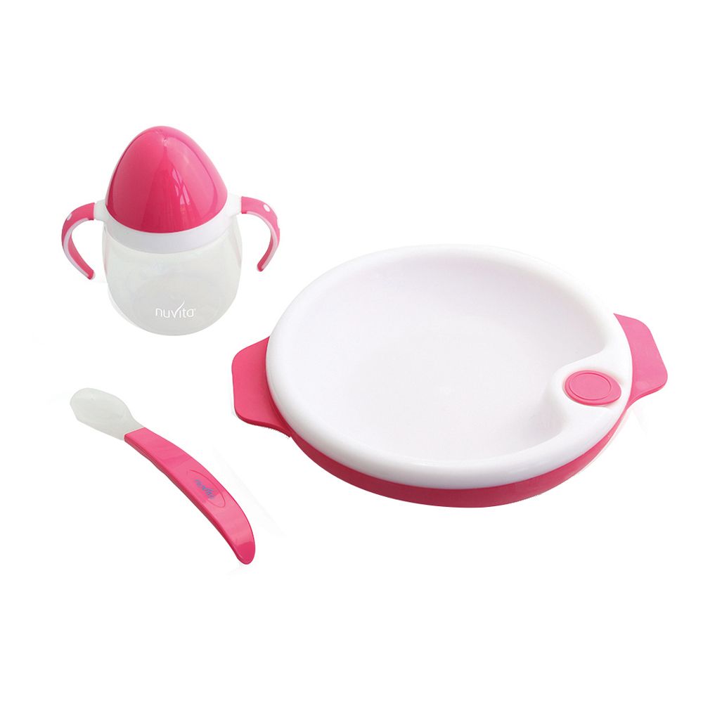Set pappa per bambini. Include ciotola, tazza con manici e cucchiaio. Rosa e bianco. Marchio: Nuvita.