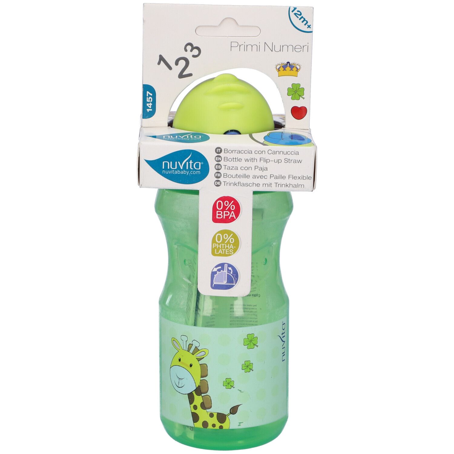 Borraccia verde con cannuccia. Confezione con nome e loghi del prodotto. Senza BPA e lattice.