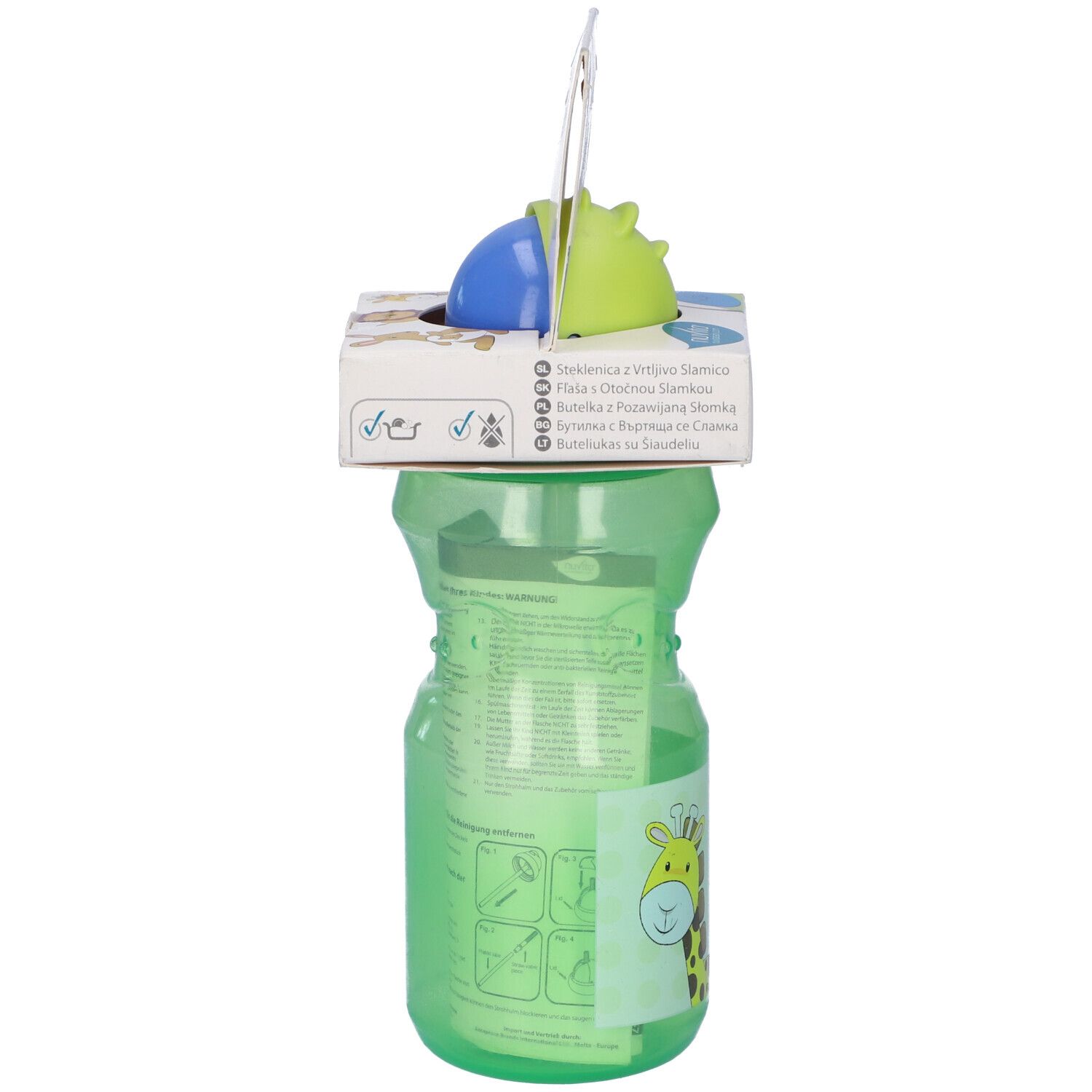 Borraccia verde con cannuccia. Confezione con informazioni sul prodotto. Design giraffa.