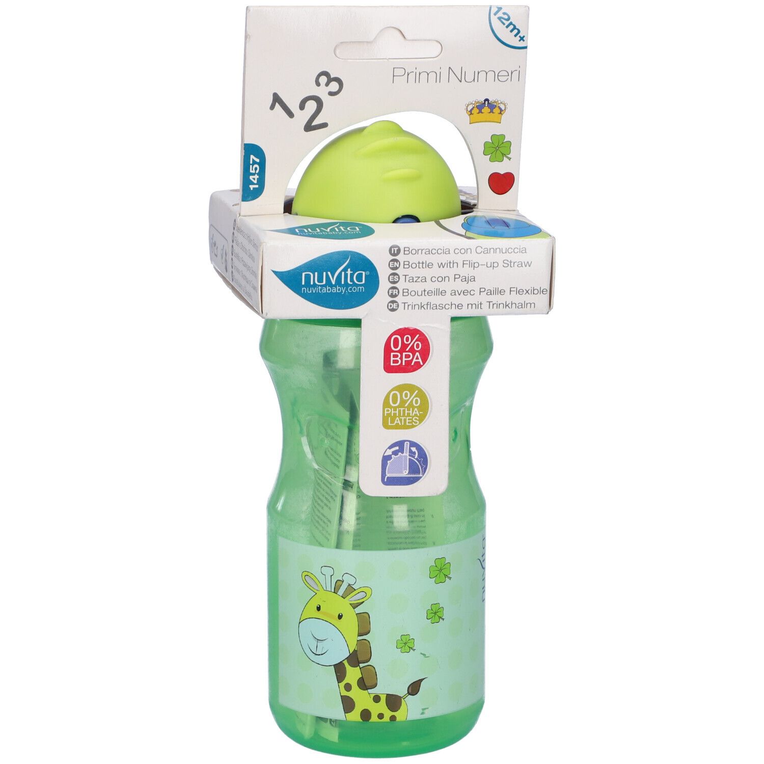 Borraccia verde con cannuccia. Confezione con nome e loghi del prodotto. Senza BPA e lattice.