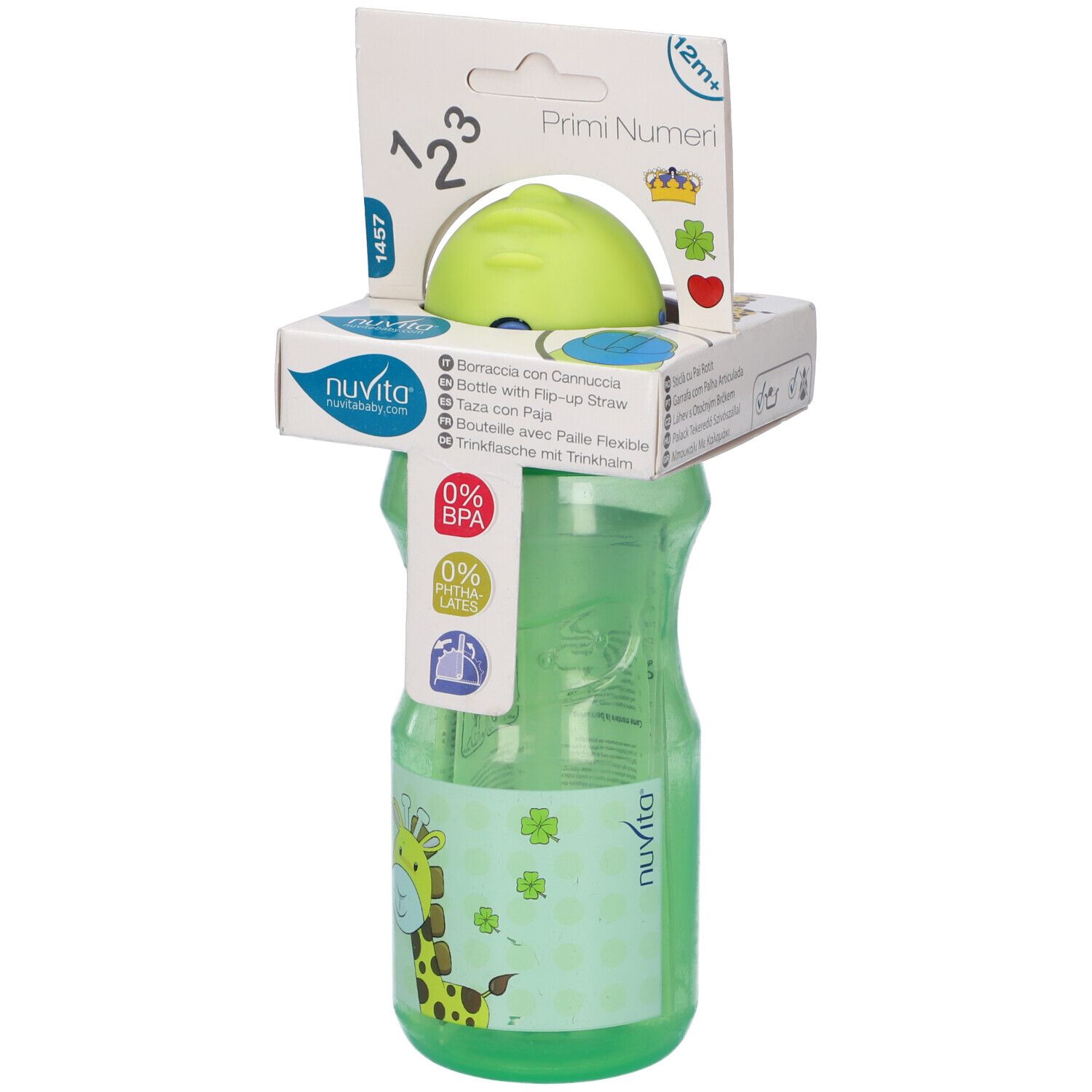 Borraccia verde con cannuccia. Confezione con nome e loghi del prodotto. Senza BPA e lattice.