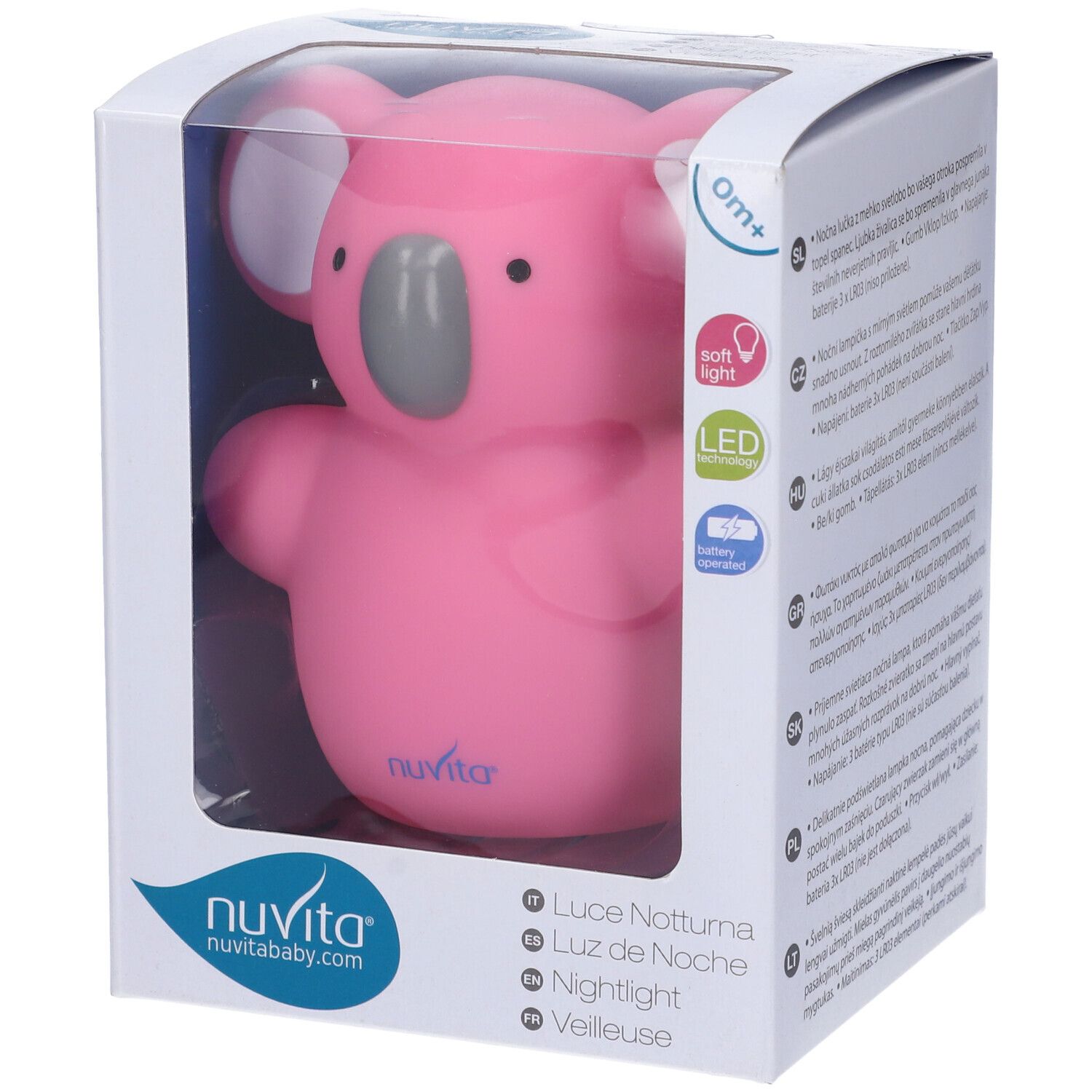 Luce notturna koala rosa in confezione. Caratteristiche visibili: LED, luce soffusa. Marchio: Nuvita.