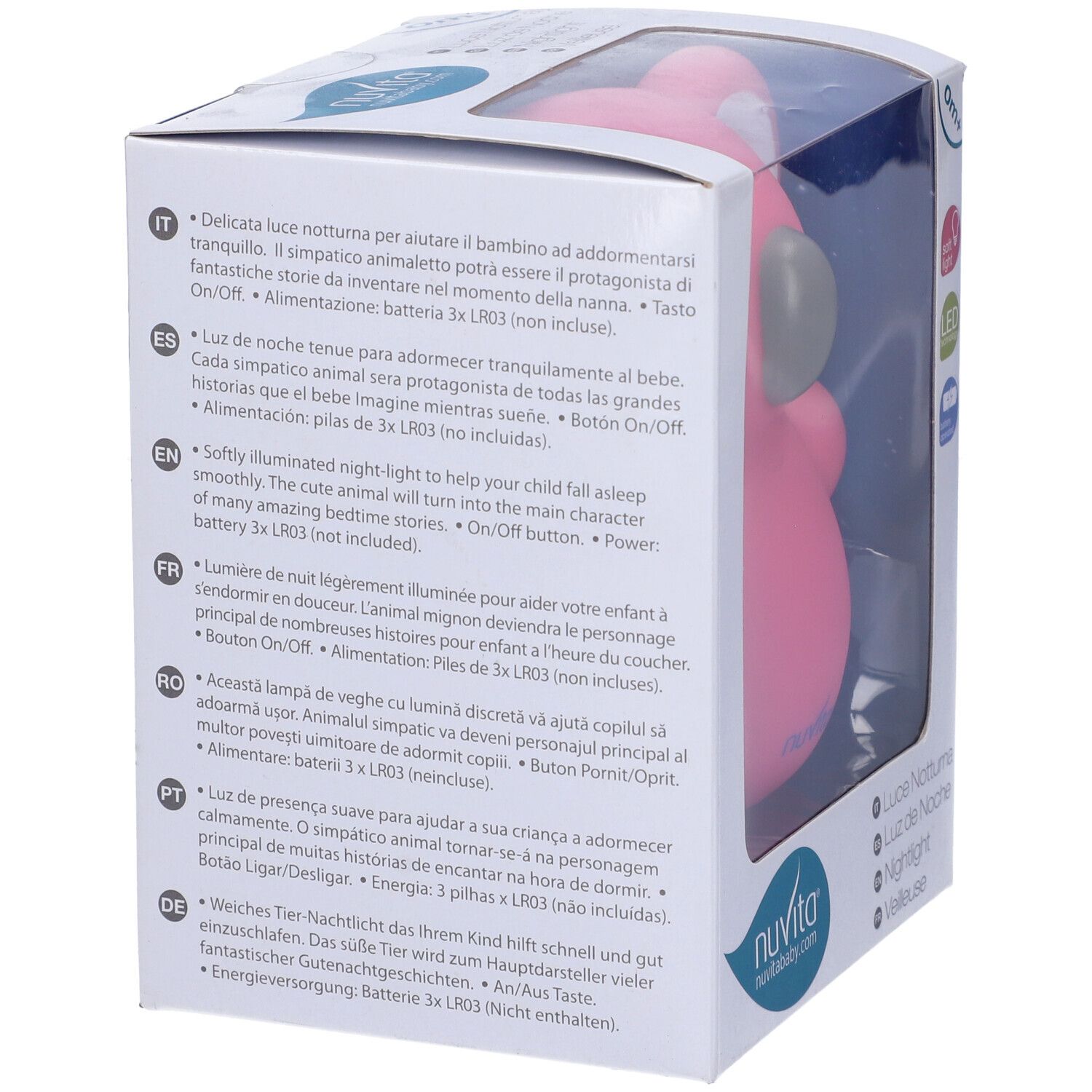 Retro della confezione. Testo multilingue. Prodotto: Luce Notturna. Marchio: Nuvita.