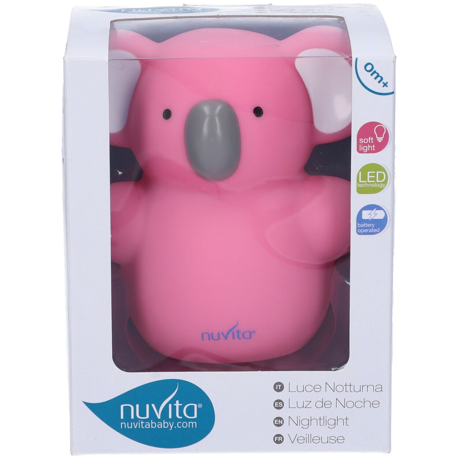 Luce notturna koala rosa in confezione. Caratteristiche visibili: LED, luce soffusa. Marchio: Nuvita.