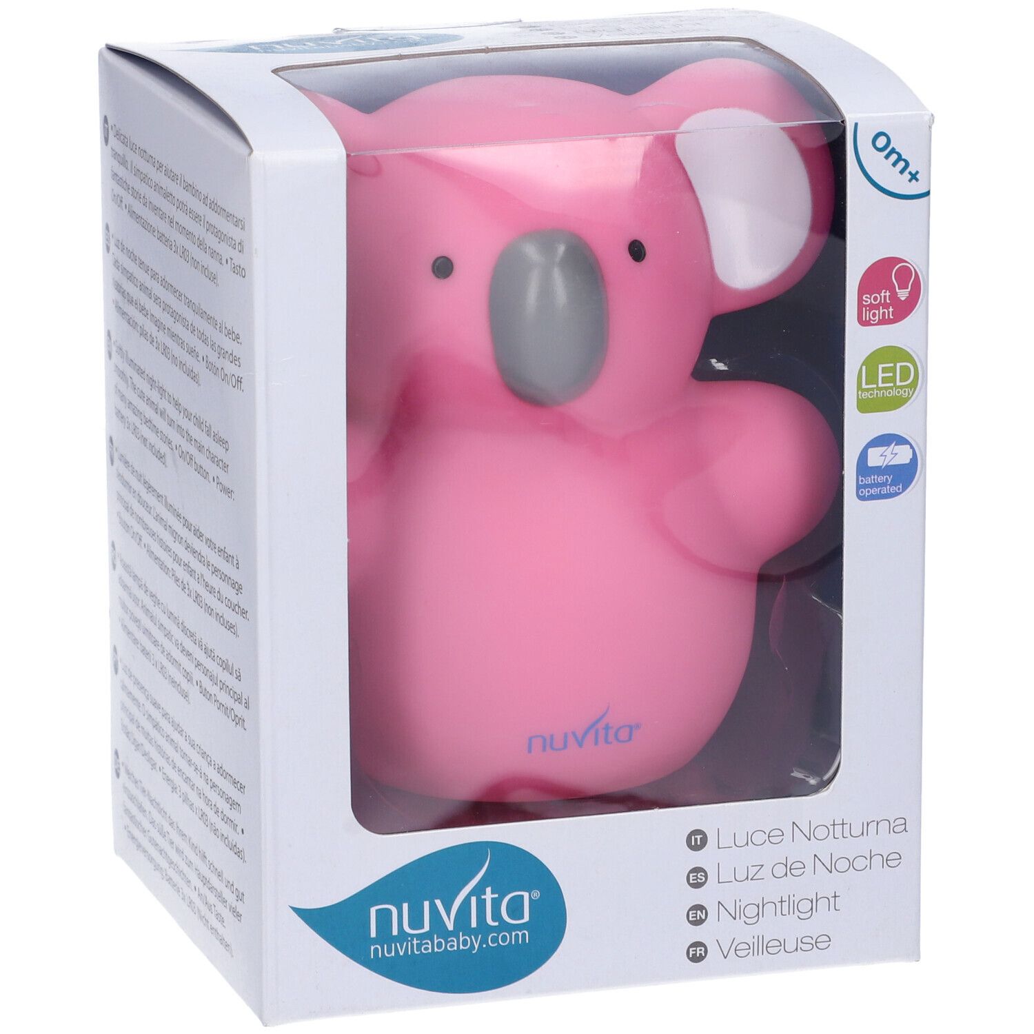 Luce notturna koala rosa in confezione. Caratteristiche visibili: LED, luce soffusa. Marchio: Nuvita.
