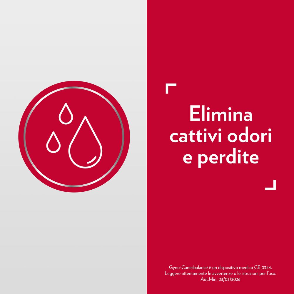 Gyno-Canesbalance: Roter Kreis mit drei Tropfen. Text: 'Elimina cattivi odori e perdite'.