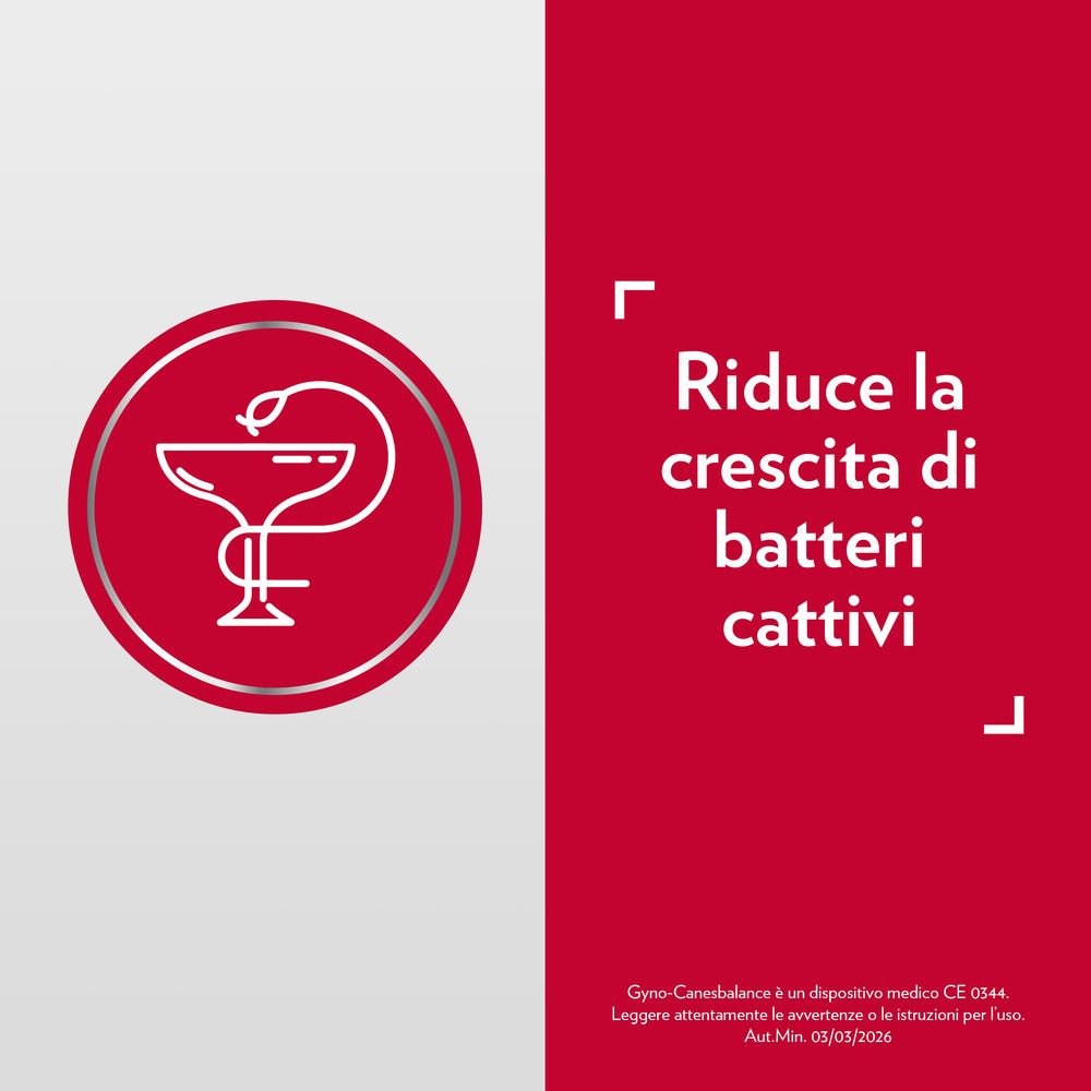 Gyno-Canesbalance: Roter Kreis mit Äskulapstab. Text: 'Riduce la crescita di batteri cattivi'.