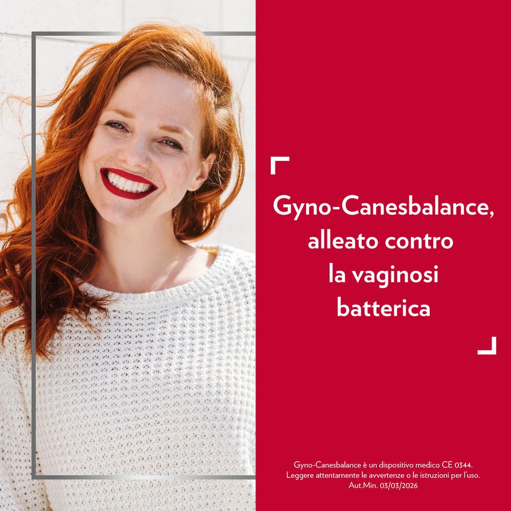 Lächelnde Frau mit roten Haaren. Daneben Text 'Gyno-Canebalance, Verbündeter gegen bakterielle Vaginose'.
