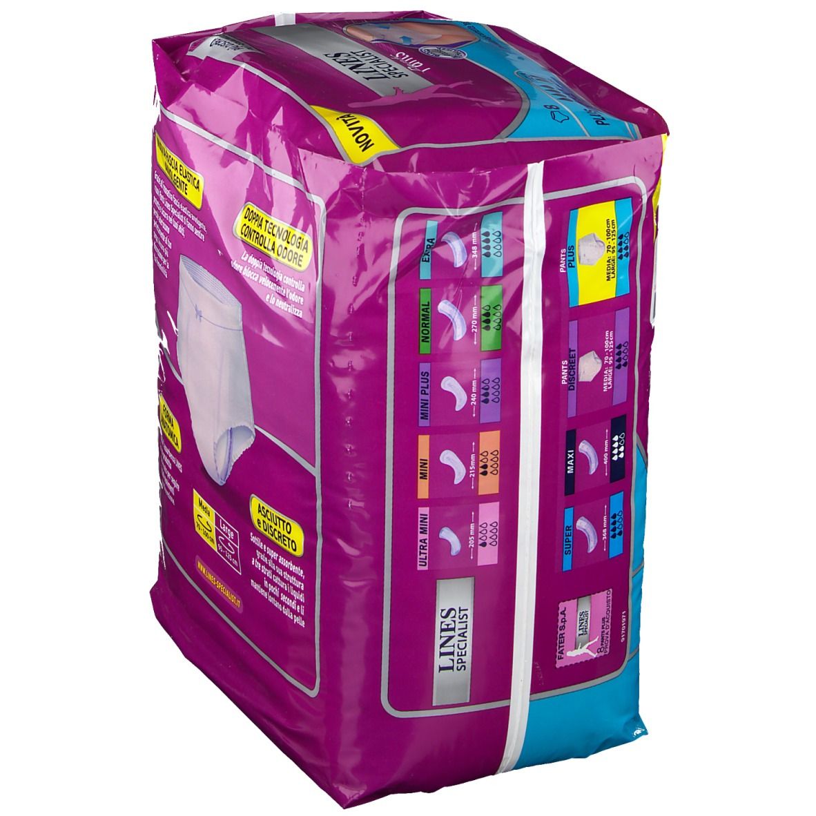 Retro della confezione di LINES Specialist Pants Plus Taglia M. Immagine del prodotto, testo e informazioni. Indicazioni taglie e varianti prodotto.