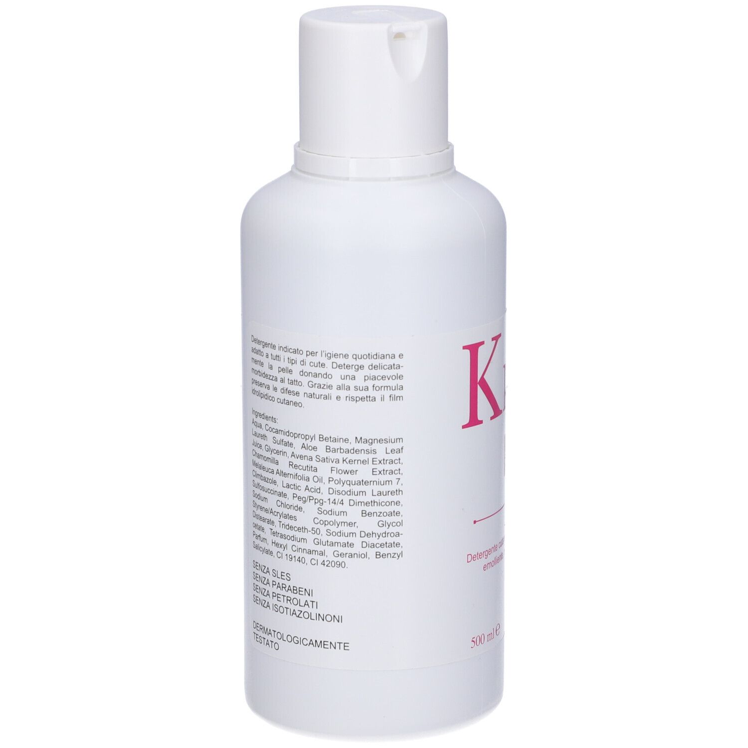 Retro di un flacone bianco con ingredienti e informazioni. K pelle, 500 ml. Dermatologicamente testato.