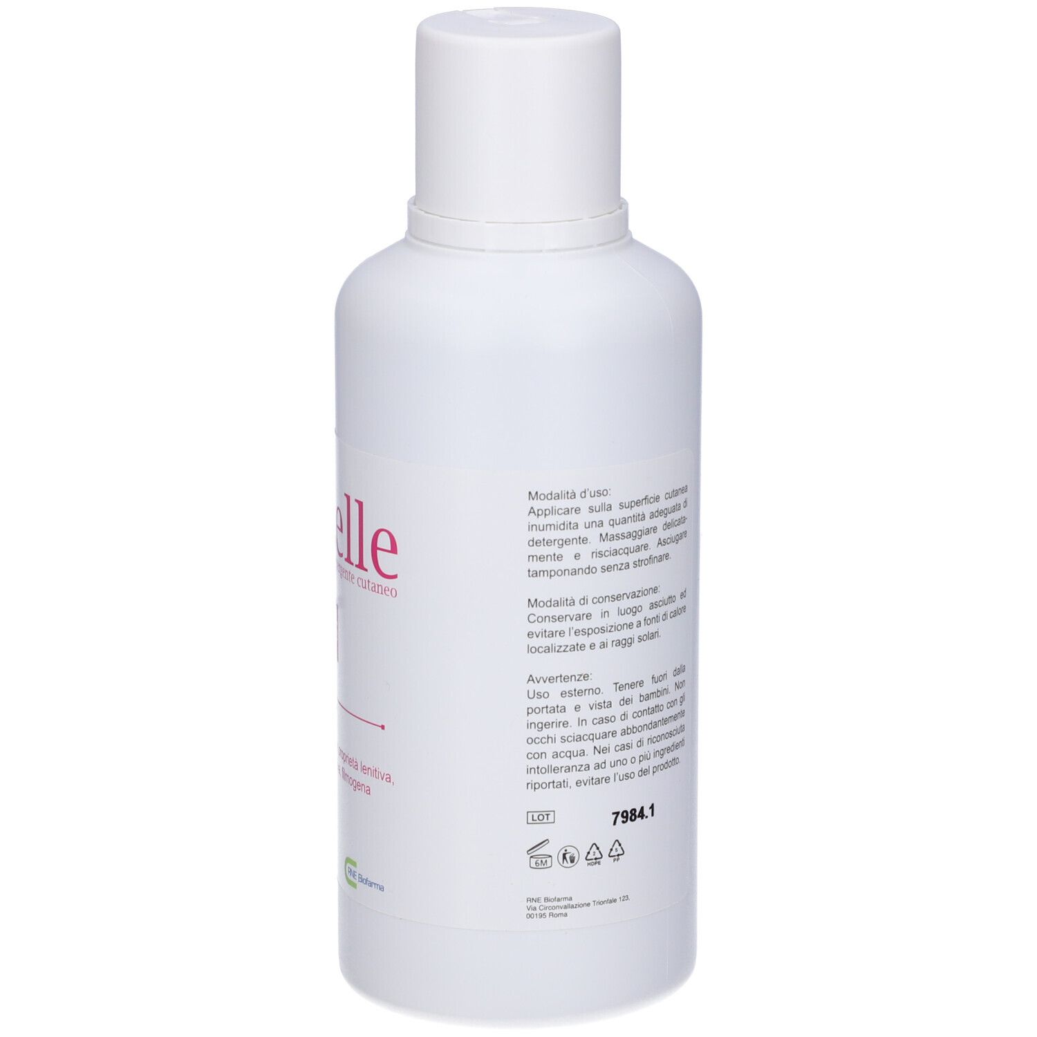 Retro di un flacone bianco con istruzioni per l'uso. K pelle, 500 ml. Dermatologicamente testato.