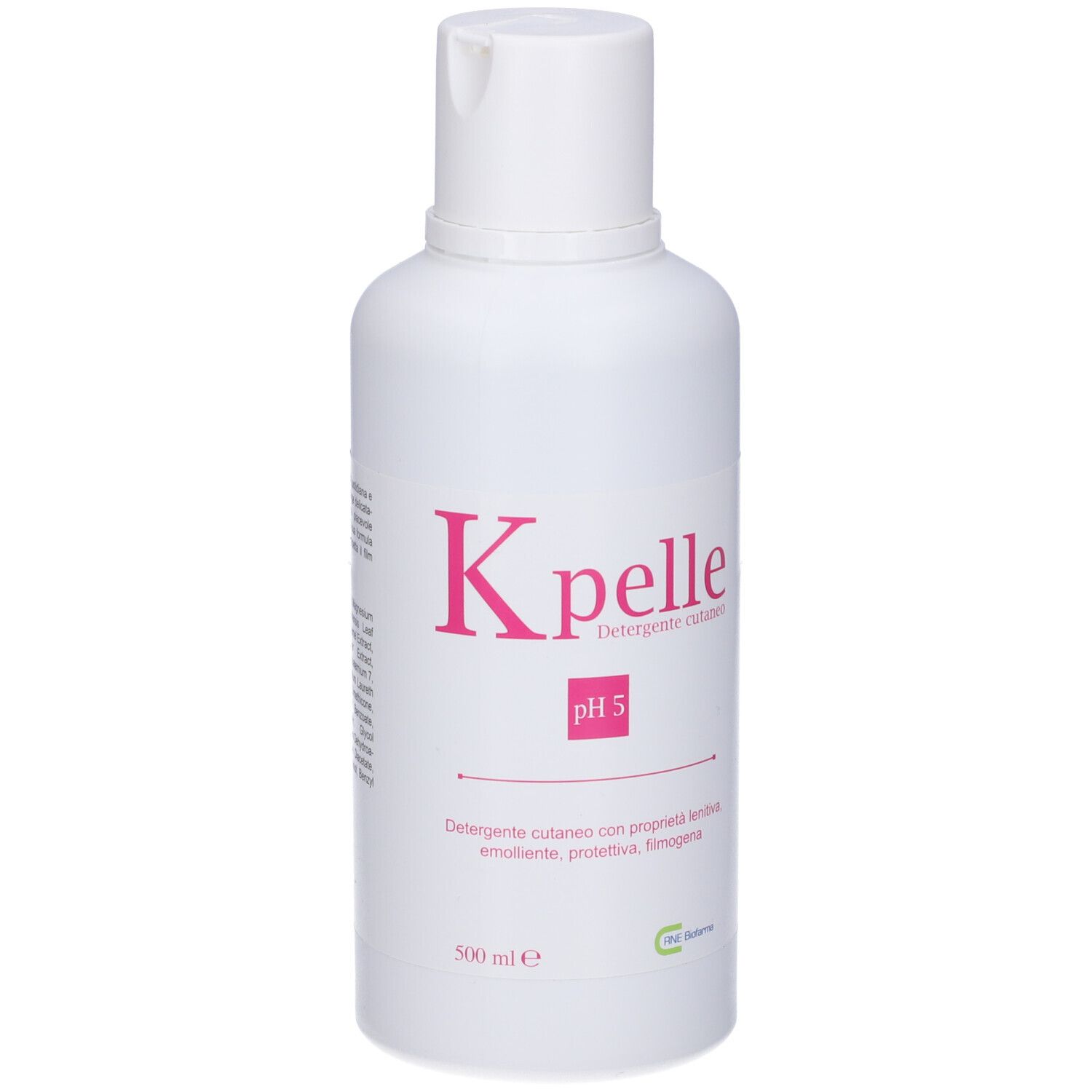 Flacone bianco con scritta rosa K pelle, pH 5. Contiene 500 ml. Detergente cutaneo con proprietà lenitive.