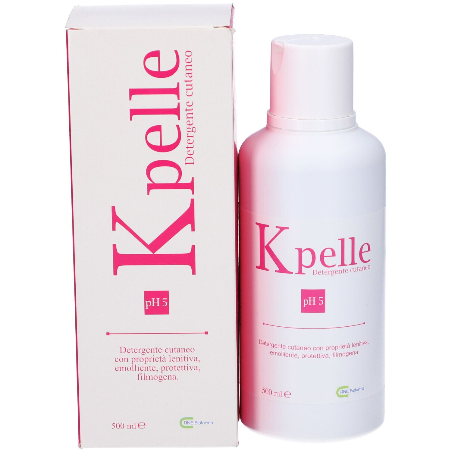 Scatola e flacone K pelle. Sulla scatola: K pelle, pH 5, 500 ml. Sul flacone: K pelle, pH 5, 500 ml.