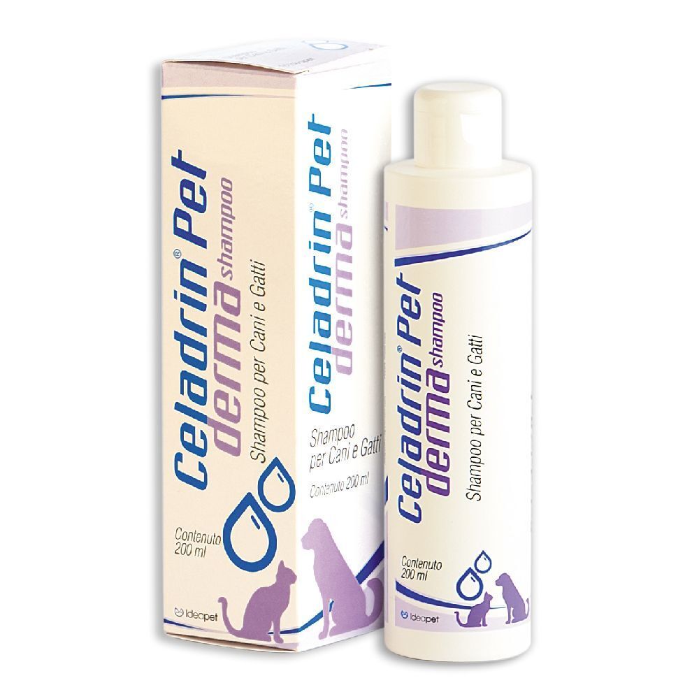 Flacone e confezione di shampoo. Scritta: Celadrin Pet derma shampoo. Per cani e gatti. Contenuto: 200 ml.