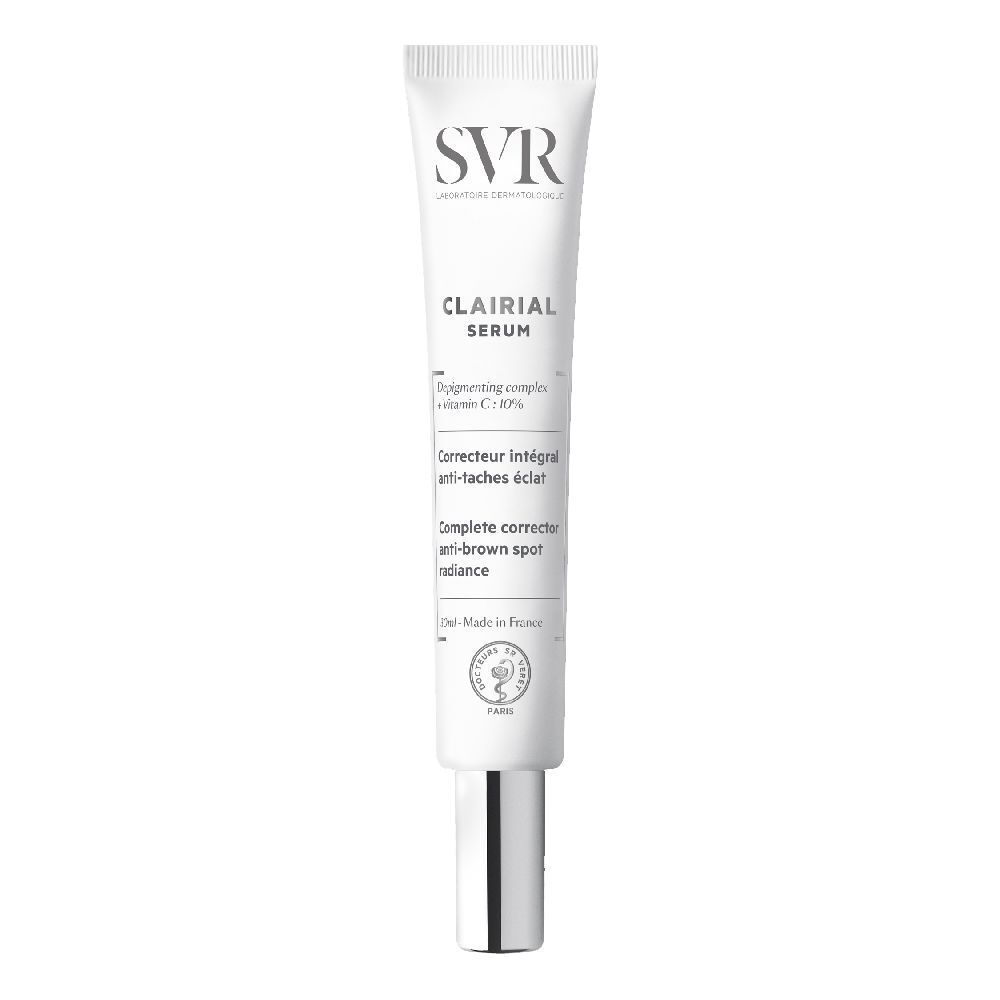 Tubo bianco con tappo argentato. Scritta SVR, Clairial Serum. Contiene vitamina C. Fabbricato in Francia.