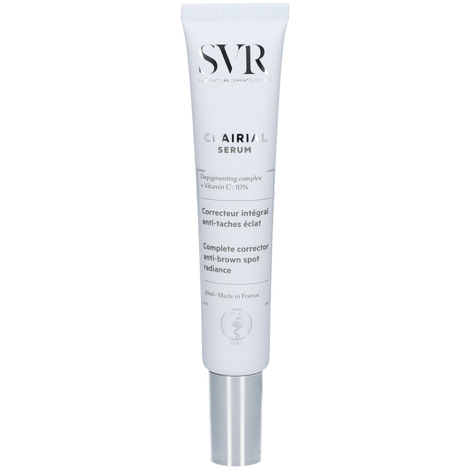 Tubo bianco con tappo argentato. Scritta SVR, Clairial Serum. Contiene vitamina C. Fabbricato in Francia.