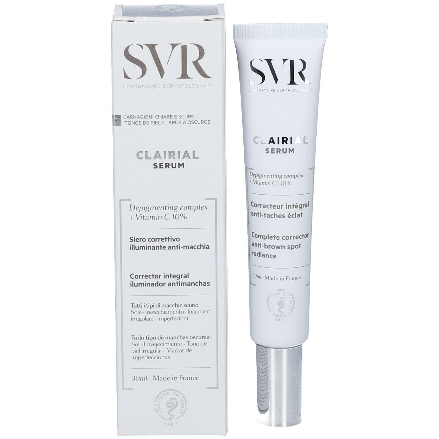 Scatola e tubo bianchi. Scritta SVR, Clairial Serum. Contiene vitamina C. Fabbricato in Francia. Informazioni sul prodotto.