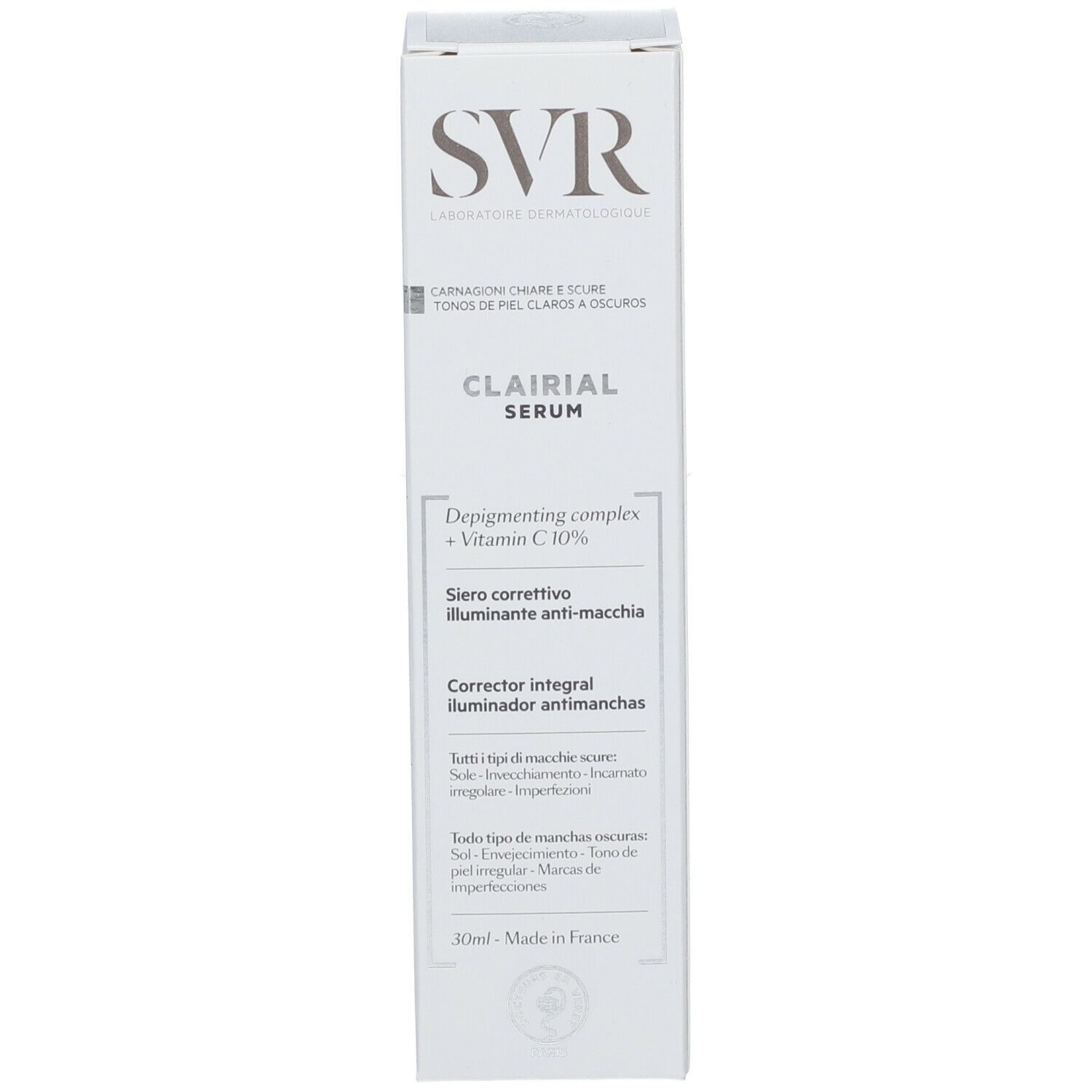 Scatola bianca. Scritta SVR, Clairial Serum. Contiene vitamina C. Informazioni sul prodotto. Fabbricato in Francia.
