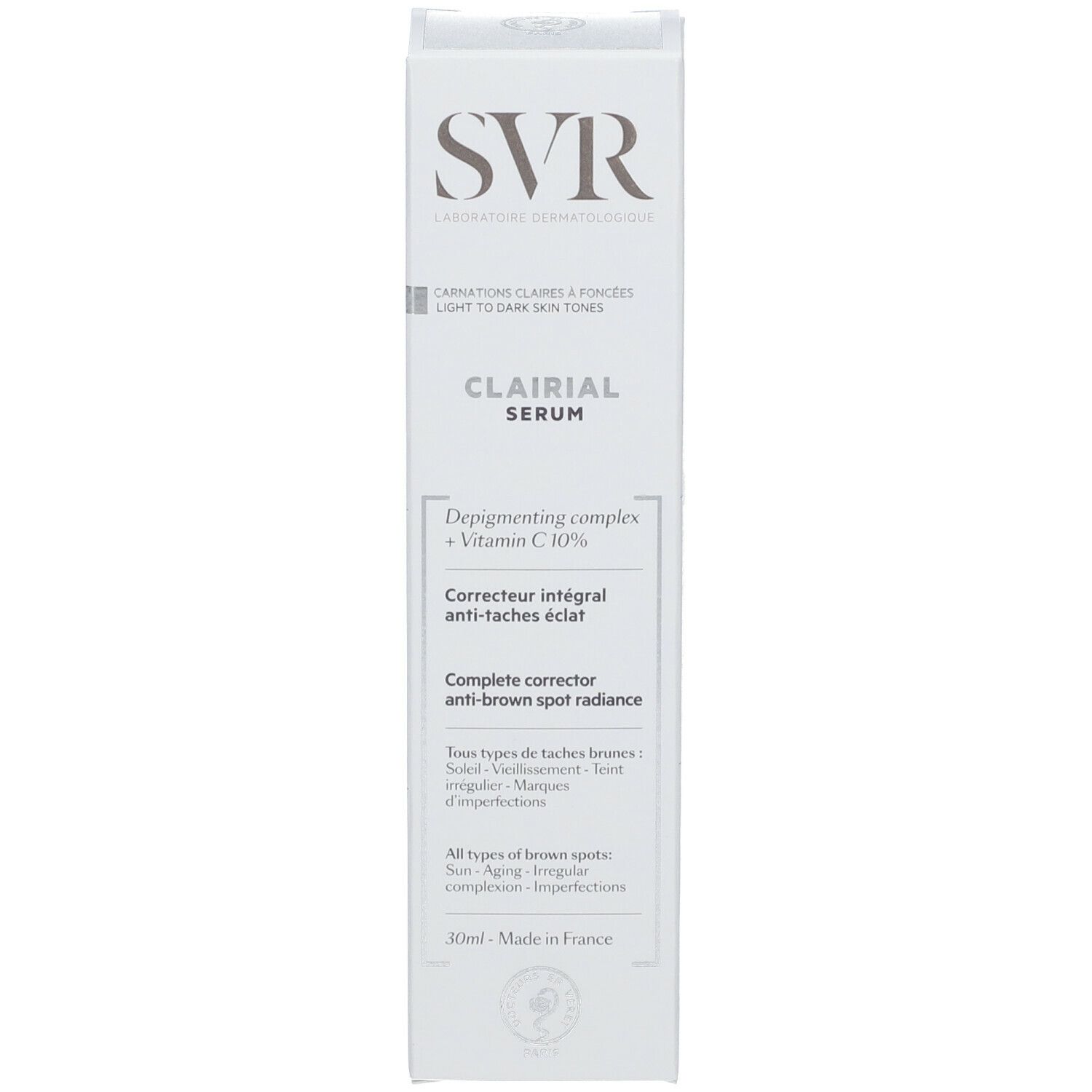 Scatola bianca. Scritta SVR, Clairial Serum. Contiene vitamina C. Informazioni sul prodotto. Fabbricato in Francia.