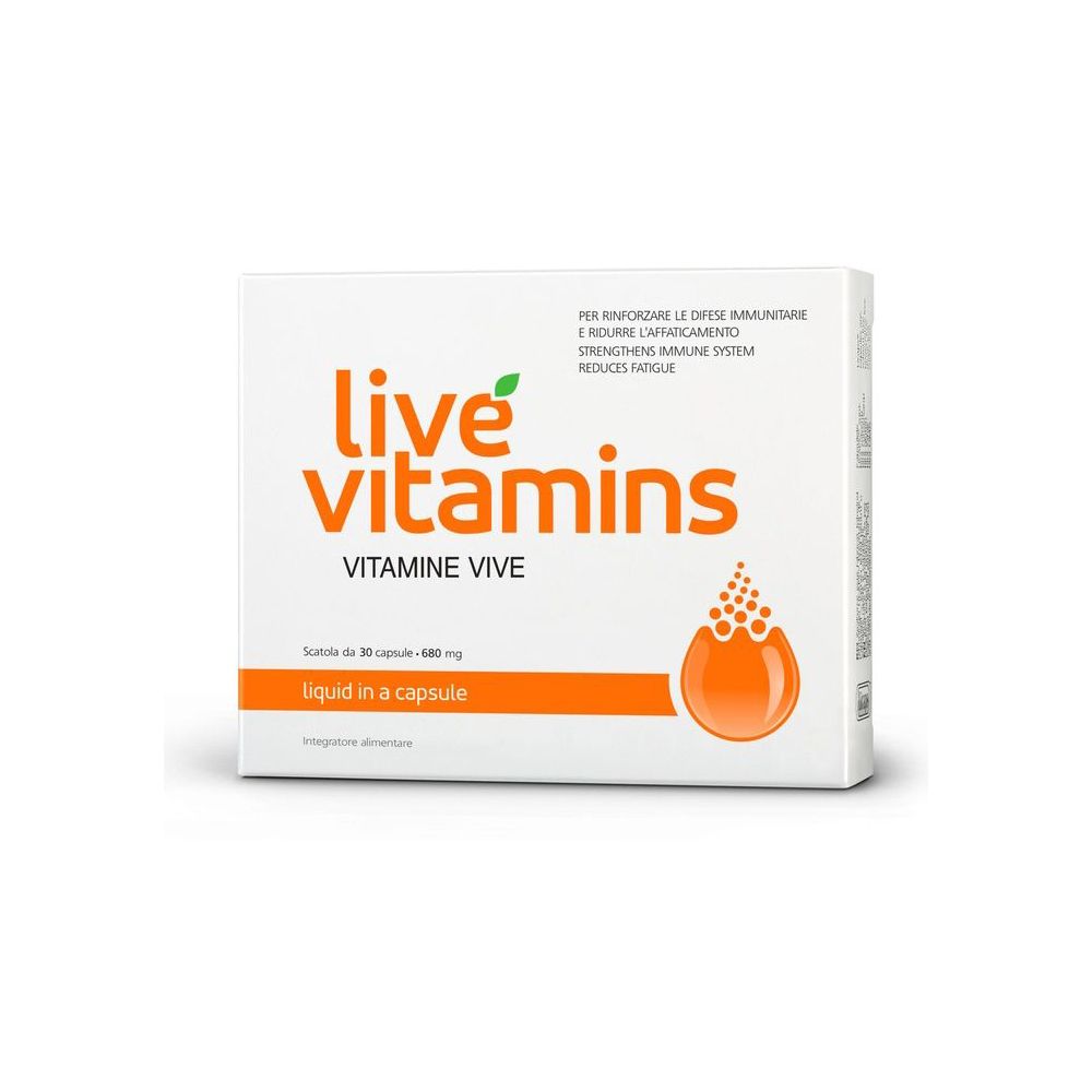 Scatola bianca con logo arancione "live vitamins". Testo: "Vitamine Vive", "liquid in a capsule". Simbolo goccia.