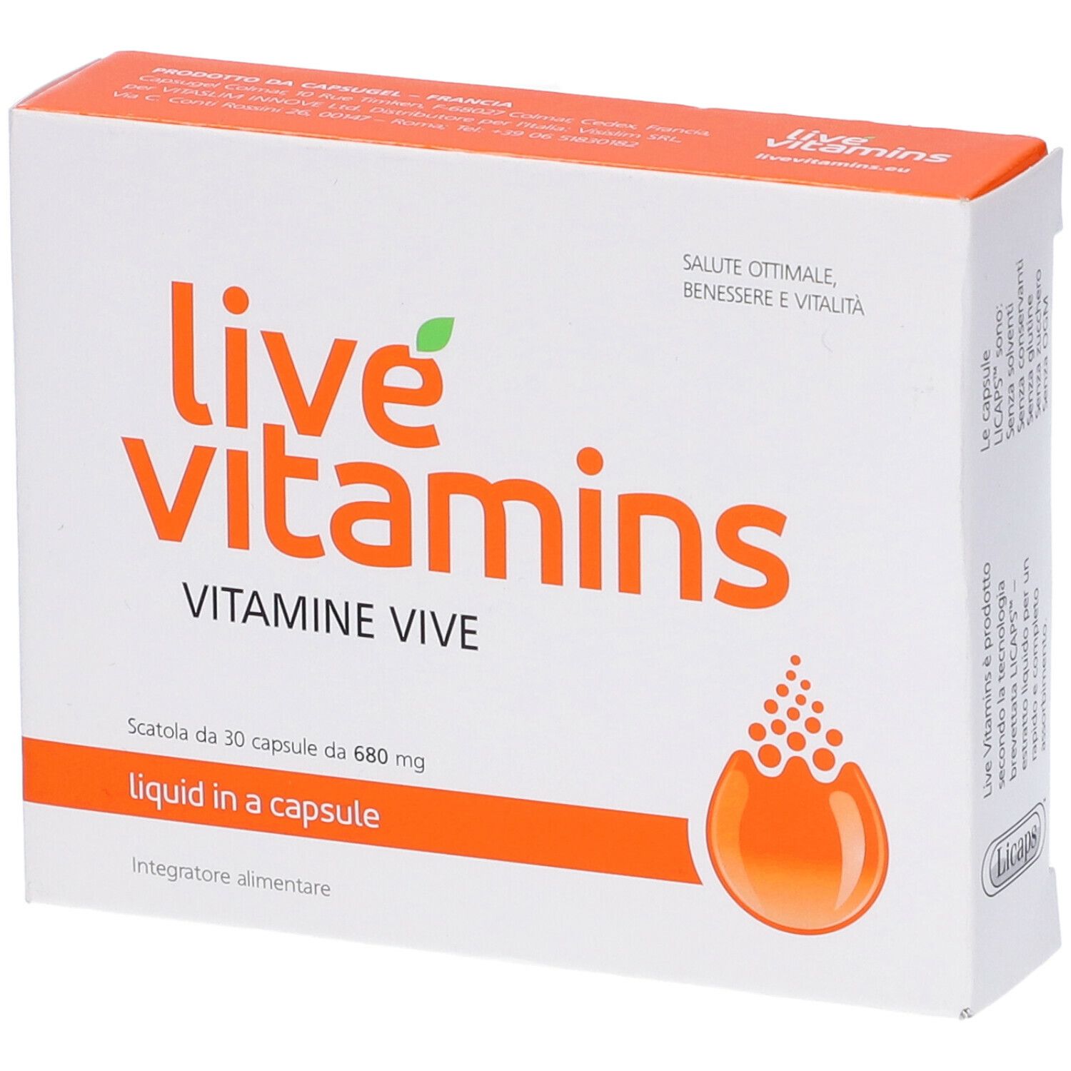Scatola bianca, coperchio arancione. Logo "live vitamins". Testo: "Vitamine Vive", "liquid in a capsule". Simbolo goccia. "30 capsule".