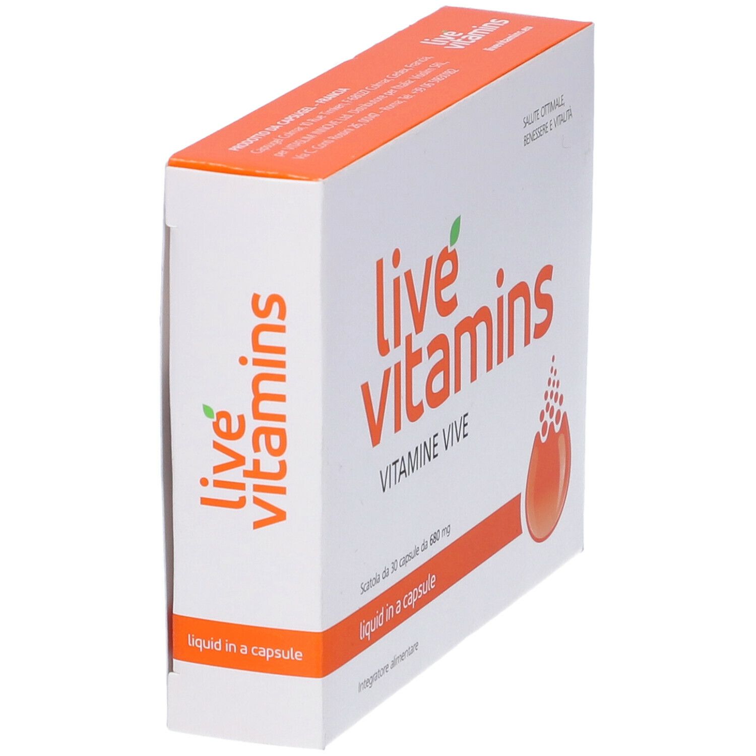 Scatola bianca con coperchio arancione. Logo "live vitamins". Testo: "Vitamine Vive", "liquid in a capsule". Simbolo goccia. Vista laterale.