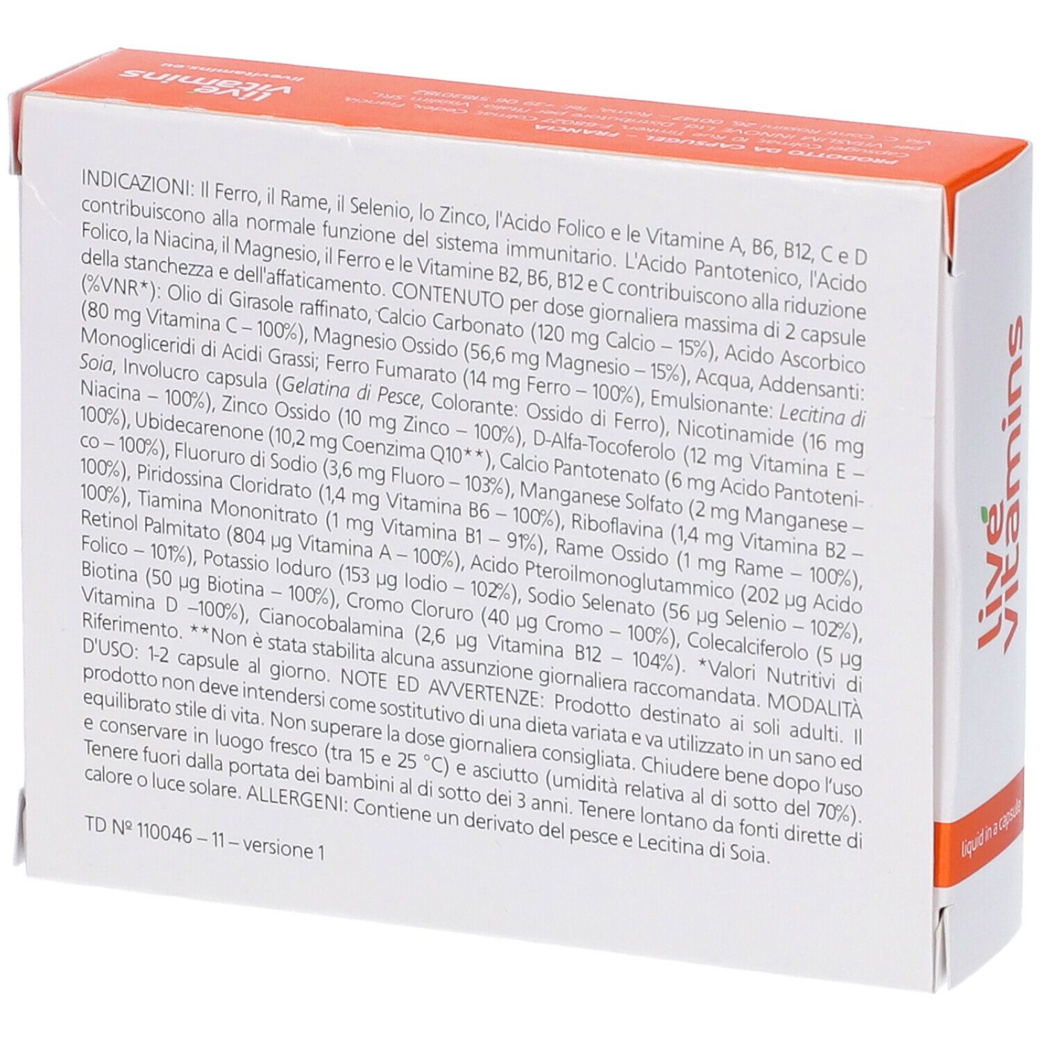 Retro della scatola. Testo: ingredienti, informazioni nutrizionali, avvertenze. Logo "live vitamins". Coperchio arancione. Testo bianco su arancione.